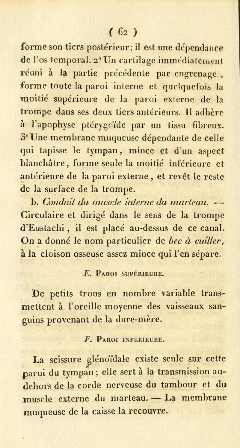 forme son tiers postérieur; il est une dépendance de j'os temporal. 2° Un cartilage immédiatement: réuni à ia partie précédente par engrenage , forme toute la paroi interne et Quelquefois la moitié supérieure de la paroi externe de la trompe dans ses deux tiers antérieurs. 11 adhère à l'apophyse ptérygoïde par un tissu fibreux. 3°Une membrane muqueuse dépendante de celle qui tapisse le tympan, mince et d'un aspect blanchâtre, forme seule la moitié inférieure et antérieure de la paroi externe , et revêt le reste de la surface de la trompe. b. Conduit du muscle interne du marteau. •— Circulaire et dirigé dans le sens de la trompe d'Eustachi, il est placé au-dessus de ce canal. On a donné le nom particulier de bec à cuiller, à la cloison osseuse assez mince qui l'en sépare. E. Paroi supérieure. De petits trous en nombre variable trans- mettent à l'oreille moyenne des vaisseaux san- guins provenant de la dure-mère. F. Paroi infébieure. La scissure glénoïdale existe seule sur cette paroi du tympan ; elle sert à la transmission au- dehors de la corde nerveuse du tambour et du muscle externe du marteau. — La membrane muqueuse de la caisse la recouvre.