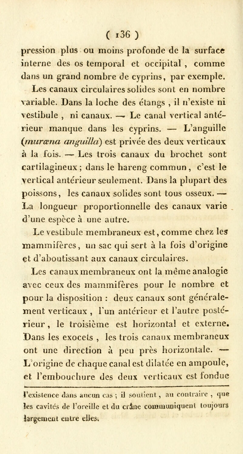 pression plus ou moins profonde de la surface interne des os temporal et occipital , comme dans un grand nombre de cyprins, par exemple. Les canaux circulaires solides sont en nombre variable. Dans la loche des étangs , il n'existe ni vestibule , ni canaux. — Le canal vertical anté- rieur manque dans les cyprins. — L'anguille (murœna anguillà) est privée des deux verticaux à la fois. — Les trois canaux du brochet sont cartilagineux ; dans le hareng commun , c'est le vertical antérieur seulement. Dans la plupart des poissons, les canaux solides sont tous osseux. — La longueur proportionnelle des canaux varie d'une espèce à une autre. Le vestibule membraneux est, comme chez les mammifères, un sac qui sert à la fois d'origine et d'aboutissant aux canaux circulaires. Les canaux membraneux ont la même analogie avec ceux des mammifères pour le nombre et pour la disposition : deux canaux sont générale- ment verticaux , l'un antérieur et l'autre posté- rieur , le troisième est horizontal et externe. Dans les exocets , les trois canaux membraneux ont une direction à peu près horizontale. — L'origine de chaque canal est dilatée en ampoule, et l'embouchure des deux verticaux est fondue l'existence dans aucun cas ; il soutient, au contraire , que les cavités de l'oreille et du crâne communiquent toujours largement entre elles;