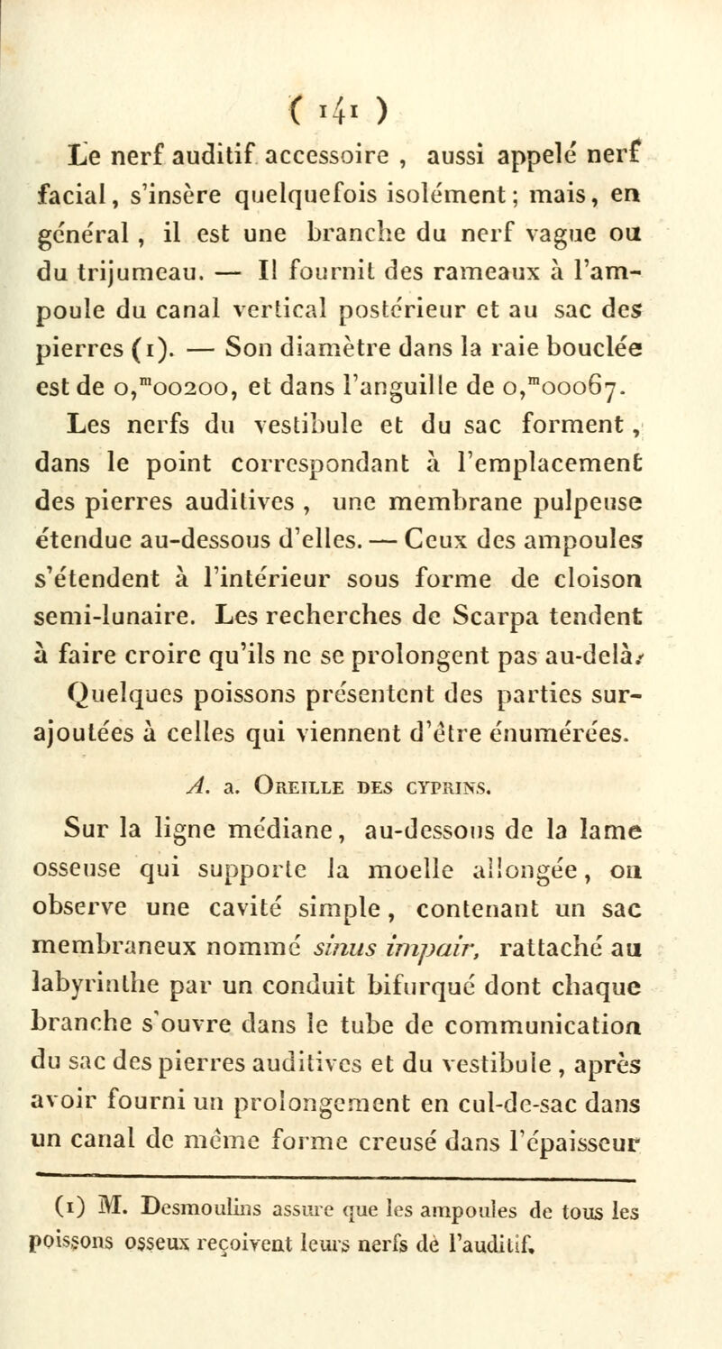 C »4« ) Le nerf auditif accessoire , aussi appelé nerf facial, s'insère quelquefois isolément; mais, en général , il est une branche du nerf vague ou du trijumeau. — Il fournil des rameaux à l'am- poule du canal vertical postérieur et au sac des pierres (i). — Son diamètre dans la raie bouclée est de o,moo2oo, et dans l'anguille de o,mooo67. Les nerfs du vestibule et du sac forment, dans le point correspondant à l'emplacement; des pierres auditives , une membrane pulpeuse étendue au-dessous d'elles. — Ceux des ampoules s'étendent à l'intérieur sous forme de cloison semi-lunaire. Les recherches de Scarpa tendent à faire croire qu'ils ne se prolongent pas au-delà/ Quelques poissons présentent des parties sur- ajoutées à celles qui viennent d'être énumérées. A. a. Oreille des cyprins. Sur la ligne médiane, au-dessous de la lame osseuse qui supporte la moelle allongée, on observe une cavité simple, contenant un sac membraneux nommé sinus impair, rattaché au labyrinthe par un conduit bifurqué dont chaque branche s'ouvre dans le tube de communication du sac des pierres auditives et du vestibule , après avoir fourni un prolongement en cul-de-sac dans un canal de même forme creusé dans l'épaisseur (i) M. Desmoulins assure que les ampoules de tous les poissons osseux reçoivent leurs nerfs de l'auditif.