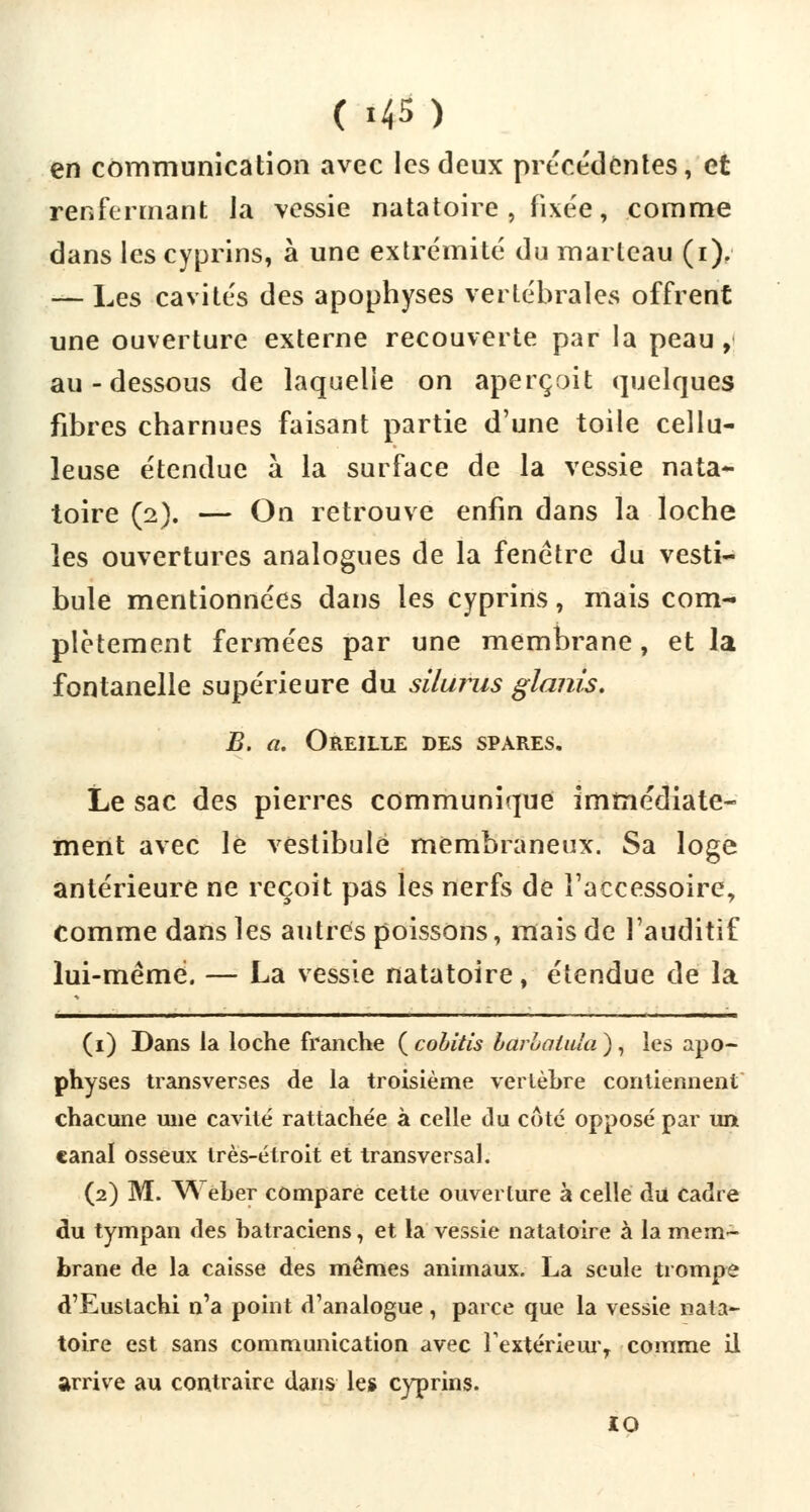 en communication avec les deux précédentes, et renfermant ia vessie natatoire , fixée, comme dans les cyprins, à une extrémité du marteau (i). — Les cavités des apophyses vertébrales offrent une ouverture externe recouverte par la peau, au-dessous de laquelle on aperçoit quelques fibres charnues faisant partie d'une toile cellu- leuse étendue à la surface de la vessie nata- toire (2). — On retrouve enfin dans la loche les ouvertures analogues de la fenêtre du vesti- bule mentionnées dans les cyprins, mais com- plètement fermées par une membrane, et la fontanelle supérieure du silurus glanis. B. a. Oreille des spares. Le sac des pierres communique immédiate- ment avec le vestibule membraneux. Sa loge antérieure ne reçoit pas les nerfs de l'accessoire, comme dans les autres poissons, mais de l'auditif lui-même. — La vessie natatoire, étendue de ia (1) Dans la loche franche ( cobitis harbaiida ), les apo- physes transverses de la troisième vertèbre contiennent chacune une cavité rattachée à celle du coté opposé par un canal osseux très-étroit et transversal. (2) M. Wéber compare cette ouverture à celle du cadre du tympan des batraciens, et la vessie natatoire à la mem- brane de la caisse des mêmes animaux. La seule trompe d'Euslachi n'a point d'analogue, parce que la vessie nata- toire est sans communication avec l'extérieur, comme il arrive au contraire dans le* cyprins. IO