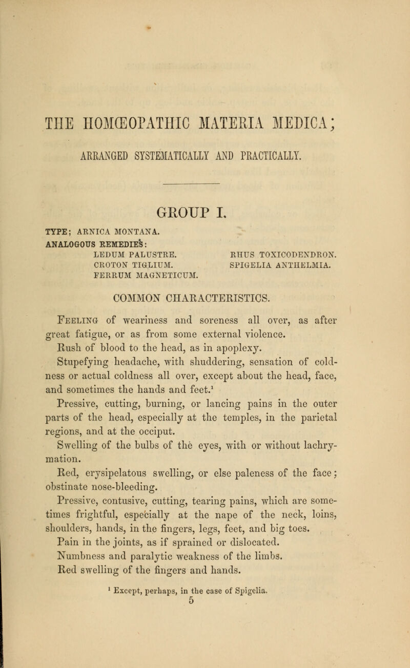 THE HOMOEOPATHIC MATERIA MEDICA; ARRANGED SYSTEMATICALLY AND PRACTICALLY. GROUP L TYPE; ARNICA MONTANA. ANALOGOUS REMEDIES: LEDUM PALUSTRE. RHUS TOXICODENDRON. CROTON TIGLIUM. SPIGELIA ANTHELMIA. FERRUM MAONETICUM. COMMON CHARACTERISTICS. Feeling of weariness and soreness all over, as after great fatigue, or as from some external violence. Rush of blood to the head, as in apoplexy. Stupefying headache, with shuddering, sensation of cold- ness or actual coldness all over, except about the head, face, and sometimes the hands and feet.1 Pressive, cutting, burning, or lancing pains in the outer parts of the head, especially at the temples, in the parietal regions, and at the occiput. Swelling of the bulbs of the eyes, with or without lachry- mation. Red, erysipelatous swelling, or else paleness of the face; obstinate nose-bleeding. Pressive, contusive, cutting, tearing pains, which are some- times frightful, especially at the nape of the neck, loins, shoulders, hands, in the fingers, legs, feet, and big toes. Pain in the joints, as if sprained or dislocated. Numbness and paralytic weakness of the limbs. Red swelling of the fingers and hands. 1 Except, perhaps, in the case of Spigelia. 5