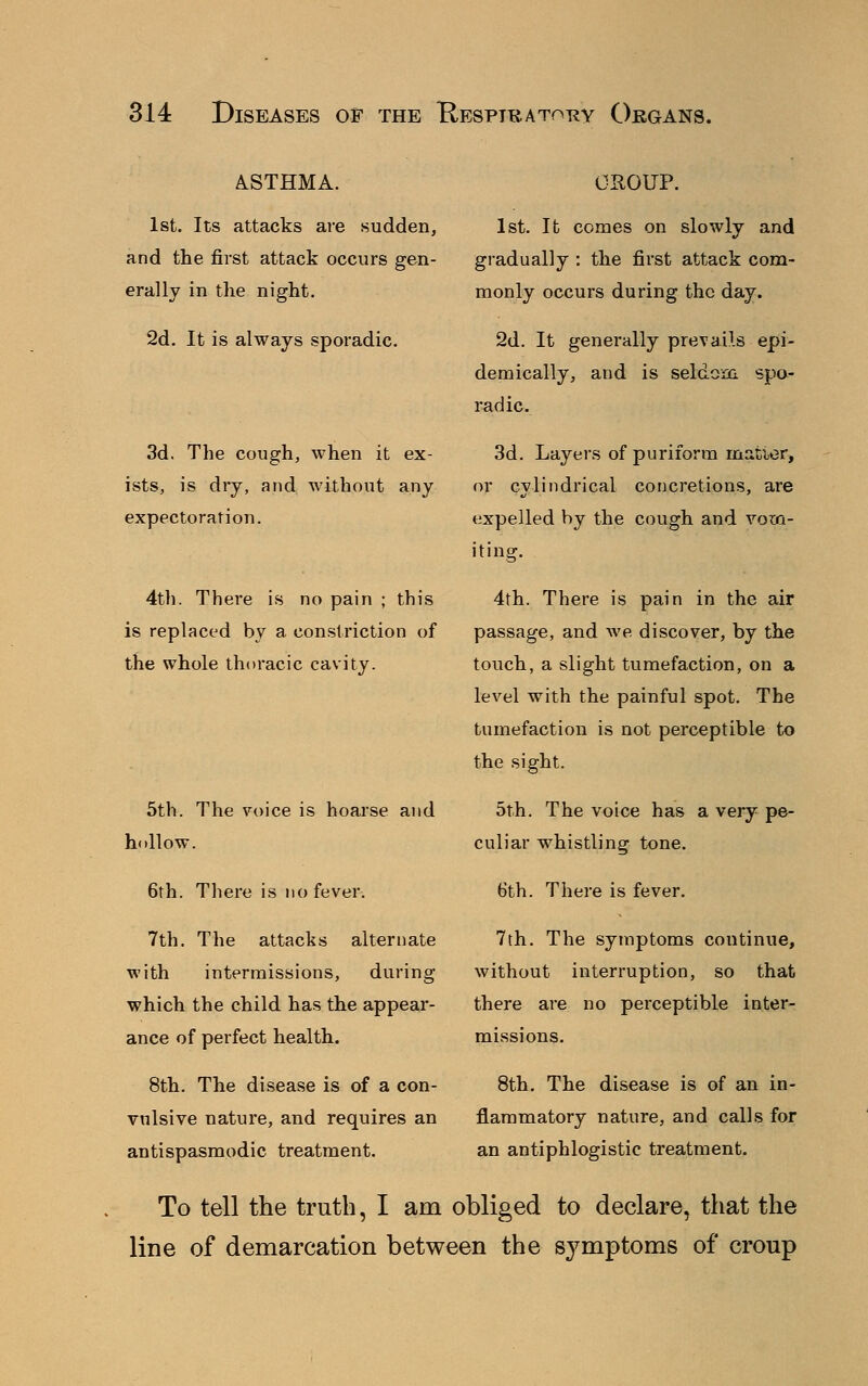 ASTHMA. 1st. Its attacks are sudden, and the first attack occurs gen- erally in the night. 2d. It is always sporadic. 3d. The cough, when it ex- ists, is dry, and without any expectoration. 4th. There is no pain ; this is replaced by a constriction of the whole thoracic cavity. 5th. The voice is hoarse and hollow. 6th. There is no fever. 7th. The attacks alternate with intermissions, during which the child has the appear- ance of perfect health. 8th. The disease is of a con- vulsive nature, and requires an antispasmodic treatment. GROUP. 1st. It comes on slowly and gradually : the first attack com- monly occurs during the day. 2d. It generally prevails epi- demically, and is seldom spo- radic. 3d. Layers of puriform matier, or cylindrical concretions, are expelled by the cough and vom- iting. 4th. There is pain in the air passage, and Ave discover, by the touch, a slight tumefaction, on a level with the painful spot. The tumefaction is not perceptible to the sight. 5th. The voice has a very pe- culiar whistling tone. 6th. There is fever. 7th. The symptoms continue, without interruption, so that there are no perceptible inter- missions. 8th. The disease is of an in- flammatory nature, and calls for an antiphlogistic treatment. To tell the truth, I am obliged to declare, that the line of demarcation between the symptoms of croup