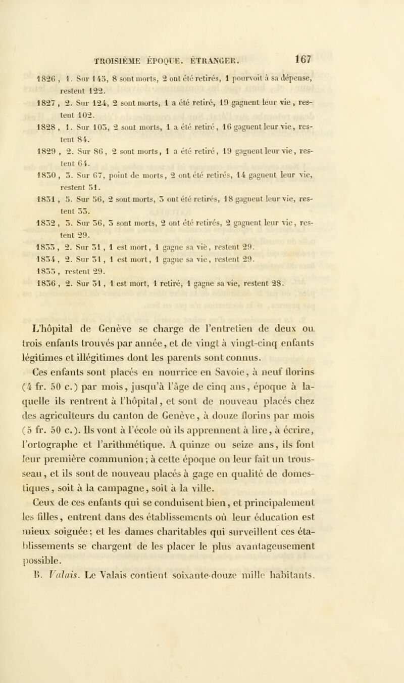 1826 , 1. Sur 1 43, 8 sont morts, 2 ont été retirés, 1 pourvoit à sa dépense, restent 122. 1827 , 2. Sur 124, 2 sont morts, 1 a été retiré, 19 gagnent leur vie , res- tent 102. 1828 , 1. Sur 105, 2 sont morts, 1 a été retiré, 16 gagnent leur vie, res- tent 84. 1829 , 2. Sur 86, 2 sont morts, 1 a été retiré, 19 gagnent leur vie, res- tent 64. 1830, 3. Sur G, point de morts, 2 ont été retirés, 14 gagnent leur vie, restent 51. 1831, 5. Sur 56, 2 sont morts, 3 ont été retirés, 18 gagnent leur vie, res- tent 53. 1832 , 3. Sur 36, 3 sont morts, 2 ont été retirés, S gagnent leur vie, res- tent 29. 1833 , 2. Sur 31 , 1 est mort, 1 gagne sa vie, restent 29. 1834, 2. Sur 31, 1 est mort, 1 gagne sa vie, restent 29. 1833, restent 29. 1836 , 2. Sur 51, 1 est mort, 1 retiré, 1 gagne sa vie, restent 28. L'hôpital de Genève se charge de l'enlrelien de deux on trois eufants trouvés par année, et de vingt à vingt-cinq enfants légitimes et illégitimes dont les parents sont connus. Ces enfants sont placés en nourrice en Savoie, à neuf florins (-4 fr. 50 c.) par mois, jusqu'à L'âge de cinq ans, époque à la- quelle ils rentrent à l'hôpital, cl sont de nouveau placés chez des agriculteurs du canton de Genève, à douze florins par mois ( 5 fr. 50 c). Us vont à l'école où ils apprennent à lire, à écrire, l'orlographe et l'arithmétique. A quinze ou seize ans, ils font leur première communion; à celte époque on leur fait un trous- seau , el ils sont de nouveau placés à gage en qualité de domes- tiques, soit à la campagne, soit à la ville. Ceux de ces enfants qui se conduisent bien, cl principalement les filles, entrent dans des établissements où leur éducation est mieux soignée; et les dames charitables qui surveillent ces éta- blissements se chargent de les placer le plus avantageusement possible. 11. I abris. Le Valais contient soixante-douze mille habitants.
