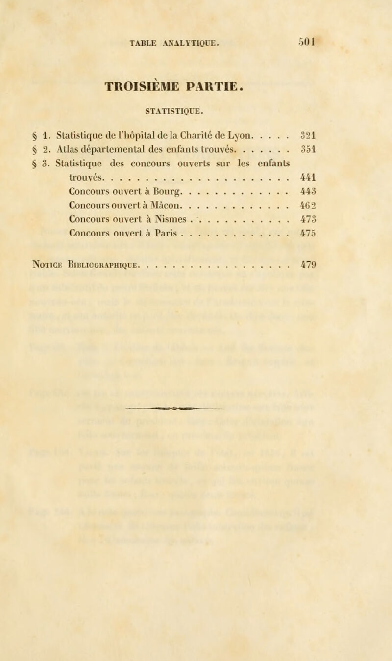 TROISIÈME PARTIE. STATISTIQUE. § 1. Statistique de l'hôpital de la Charité de Lyon 321 § 2. Atlas départemental des enfants trouvés 351 § 3. Statistique des concours ouverts sur les enfants trouvés 441 Concours ouvert à Bourg 443 Concours ouvert à flacon 4G2 Concours ouvert à Nisnies 473 Concours ouvert à Paris 475 Notice Bibliographique 479