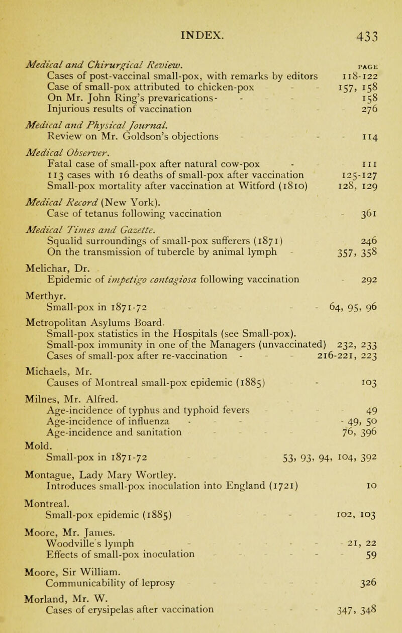 Medical and Chirurgical Review. page Cases of post-vaccinal small-pox, with remarks by editors 118-122 Case of small-pox attributed to chicken-pox 157, 158 On Mr. John Ring's prevarications- - 158 Injurious results of vaccination 276 Medical and Physical Journal. Review on Mr. Goldson's objections 114 Medical Observer. Fatal case of small-pox after natural cow-pox - 111 113 cases with 16 deaths of small-pox after vaccination 125-127 Small-pox mortality after vaccination at Witford (1S10) 128, 129 Medical Record (New York). Case of tetanus following vaccination 361 Medical Times and Gazette. Squalid surroundings of small-pox sufferers (1871) 246 On the transmission of tubercle by animal lymph 357, 358 Melichar, Dr. Epidemic of impetigo contagiosa following vaccination 292 Merthyr. Small-pox in 1871-72 64, 95, 96 Metropolitan Asylums Board. Small-pox statistics in the Hospitals (see Small-pox). Small-pox immunity in one of the Managers (unvaccinated) 232, 233 Cases of small-pox after re-vaccination - 216-221,223 Michaels, Mr. Causes of Montreal small-pox epidemic (1885) 103 Milnes, Mr. Alfred. Age-incidence of typhus and typhoid fevers 49 Age-incidence of influenza - - 49> 5° Age-incidence and sanitation 76, 396 Mold. Small-pox in 1871-72 53, 93, 94, 104, 392 Montague, Lady Mary Wortley. Introduces small-pox inoculation into England (1721) 10 Montreal. Small-pox epidemic (1885) 102,103 Moore, Mr. James. Woodville s lymph Effects of small-pox inoculation Moore, Sir William. Communicability of leprosy Morland, Mr. W. Cases of erysipelas after vaccination 2] . 22 59 326 347. 348