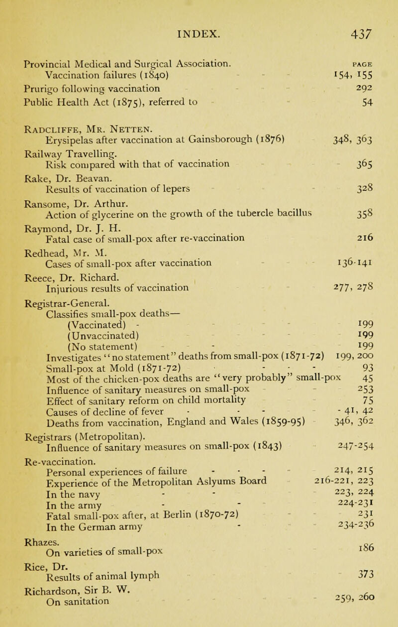 Provincial Medical and Surgical Association. Vaccination failures (1S40) Prurigo following vaccination Public Health Act (1875), referred to Radcliffe, Mr. Netten. Erysipelas after vaccination at Gainsborough (1S76) Railway Travelling. Risk compared with that of vaccination Rake, Dr. Beavan. Results of vaccination of lepers Ransome, Dr. Arthur. Action of glycerine on the growth of the tubercle bacillus Raymond, Dr. J. H. Fatal case of small-pox after re-vaccination Redhead, Mr. M. Cases of small-pox after vaccination Reece, Dr. Richard. Injurious results of vaccination Registrar-General. Classifies small-pox deaths— (Vaccinated) - (Unvaccinated) (No statement) Investigates '' no statement deaths from small-pox (1S71 -72) Small-pox at Mold (1871-72) ... Most of the chicken-pox deaths are very probably small-pox Influence of sanitary measures on small-pox Effect of sanitary reform on child mortality Causes of decline of fever Deaths from vaccination, England and Wales (1859-95) Registrars (Metropolitan). Influence of sanitary measures on small-pox (1843) 247-254 Re-vaccination. Personal experiences of failure Experience of the Metropolitan Aslyums Board In the navy In the army Fatal small-pox after, at Berlin (1870-72) In the German army Rhazes. „, On varieties of small-pox Iot> Rice, Dr. Results of animal lymph j>73 Richardson, Sir B. W. On sanitation -59. -DO PAGE 154, 155 292 54 348, 363 365 328 358 216 136 -141 277. 27S 199 199 199 199 1 200 93 >x 45 253 75 -41 :- 42 346, 362 214, 215 6 -221, 223 223, 224 224-231 234 231 -236