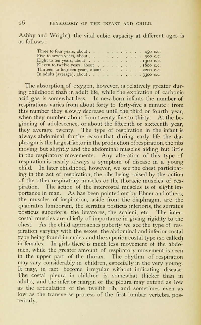 Ashby and Wright), the vital cubic capacity at different ages is as follows : Five to seven years, about . . ... .... 900 c.c. Eight to ten years, about . . . . . 1300 c.c. Eleven to twelve years, about . 1800 c.c. Thirteen to fourteen years, about . . . . , . . . 2200 c.c. In adults (average), about . . , . . , . 3300 c.c. The absorption of oxygen, however, is relatively greater dur- ing childhood than in adult life, while the expiration of carbonic acid gas is somewhat less. In new-born infants the number of respirations varies from about forty to forty-five a minute ; from this number they slowly decrease until the third or fourth year, when they number about from twenty-five to thirty. At the be- ginning of adolescence, or about the fifteenth or sixteenth year, they average twenty. The type of respiration in the infant is always abdominal, for the reason that during early life the dia- phragm is the largestfactor in the production of respiration, the ribs moving but slightly and the abdominal muscles aiding but little in the respiratory movements. Any alteration of this type of respiration is nearly always a symptom of disease in a young child. In later childhood, however, we see the chest participat- ing in the act of respiration, the ribs being raised by the action of the other respiratory muscles or the thoracic muscles of res- piration. The action of the intercostal muscles is of slight im- portance in man. As has been pointed out by Ebner and others, the muscles of inspiration, aside from the diaphragm, are the quadratus lumborum, the serratus posticus inferioris, the serratus posticus superioris, the levatores, the scaleni, etc. The inter- costal muscles are chiefly of importance in giving rigidity to the chest. As the child approaches puberty we see the type of res- piration varying with the sexes, the abdominal and inferior costal type being found in males and the superior costal type (so called) in females. In girls there is much less movement of the abdo- men, while the greater amount of respiratory movement is seen in the upper part of the thorax. The rhythm of respiration may vary considerably in children, especially in the very young. It may, in fact, become irregular without indicating disease. The costal pleura in children is somewhat thicker than in adults, and the inferior margin of the pleura may extend as low as the articulation of the twelfth rib, and sometimes even as low as the transverse process of the first lumbar vertebra pos- teriorly.