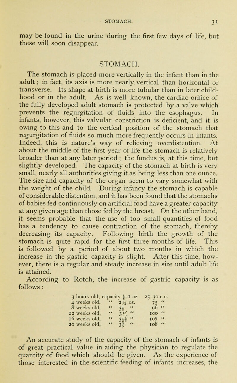 may be found in the urine during the first few days of life, but these will soon disappear. STOMACH. The stomach is placed more vertically in the infant than in the adult; in fact, its axis is more nearly vertical than horizontal or transverse. Its shape at birth is more tubular than in later child- hood or in the adult. As is well known, the cardiac orifice of the fully developed adult stomach is protected by a valve which prevents the regurgitation of fluids into the esophagus. In infants, however, this valvular constriction is deficient, and it is owing to this and to the vertical position of the stomach that regurgitation of fluids so much more frequently occurs in infants. Indeed, this is nature's way of relieving overdistention. At about the middle of the first year of life the stomach is relatively broader than at any later period ; the fundus is, at this time, but slightly developed. The capacity of the stomach at birth is very small, nearly all authorities giving it as being less than one ounce. The size and capacity of the organ seem to vary somewhat with the weight of the child. During infancy the stomach is capable of considerable distention, and it has been found that the stomachs of babies fed continuously on artificial food have a greater capacity at any given age than those fed by the breast. On the other hand, it seems probable that the use of too small quantities of food has a tendency to cause contraction of the stomach, thereby decreasing its capacity. Following birth the growth of the stomach is quite rapid for the first three months of life. This is followed by a period of about two months in which the increase in the gastric capacity is slight. After this time, how- ever, there is a regular and steady increase in size until adult life is attained. According to Rotch, the increase of gastric capacity is as follows : 3 hours old, capacity |-I oz. 25—30 c.c. 4 weeks old,  2.yz oz. 75 8 weeks old,  3*  96 12 weeks old,  3'A  100 16 weeks old, 355 107 20 weeks old,  3i  108 An accurate study of the capacity of the stomach of infants is of great practical value in aiding the physician to regulate the quantity of food which should be given. As the experience of those interested in the scientific feeding of infants increases, the