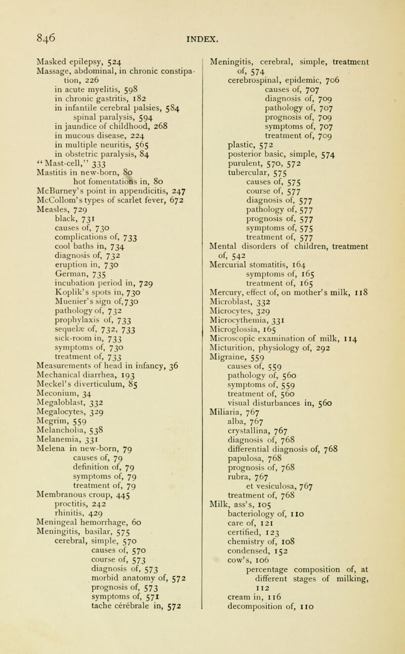 Masked epilepsy, 524 Massage, abdominal, in chronic constipa- tion, 226 in acute myelitis, 598 in chronic gastritis, 182 in infantile cerebral palsies, 5S4 spinal paralysis, 594 in jaundice of childhood, 268 in mucous disease, 224 in multiple neuritis, 5D5 in obstetric paralysis, 84 Mast-cell, 333 Mastitis in new-born, So hot fomentations in, 80 McBurney's point in appendicitis, 247 McCollom's types of scarlet fever, 672 Measles, 729 black, 731 causes of, 730 complications of, 733 cool baths in, 734 diagnosis of, 732 eruption in, 730 German, 735 incubation period in, 729 Koplik's spots in, 730 Muenier's sign of,730 pathology of, 732 prophylaxis of, 733 sequelae of, 732, 733 sick-room in, 733 symptoms of, 730 treatment of, 733 Measurements of head in infancy, 36 Mechanical diarrhea, 193 Meckel's diverticulum, 85 Meconium, 34 Megaloblast, 332 Megalocytes, 329 Megrim, 559 Melancholia, 538 Melanemia, 331 Melena in new-born, 79 causes of, 79 definition of, 79 symptoms of, 79 treatment of, 79 Membranous croup, 445 proctitis, 242 rhinitis, 429 Meningeal hemorrhage, 60 Meningitis, basilar, 575 cerebral, simple, 570 causes of, 570 course of, 573 diagnosis of, 573 morbid anatomy of, 572 prognosis of, 573 symptoms of, 571 tache cerebrale in, 572 Meningitis, cerebral, simple, treatment of, 574 cerebrospinal, epidemic, 706 causes of, 707 diagnosis of, 709 pathology of, 707 prognosis of, 709 symptoms of, 707 treatment of, 709 plastic, 572 posterior basic, simple, 574 purulent, 57°» 572 tubercular, 575 causes of, 575 course of, 577 diagnosis of, 577 pathology of, 577 prognosis of, 577 symptoms of, 575 treatment of, 577 Mental disorders of children, treatment of, 542 Mercurial stomatitis, 164 symptoms of, 165 treatment of, 165 Mercury, effect of, on mother's milk, 118 Microblast, 332 Microcytes, 329 Microcythemia, 331 Microglossia, 165 Microscopic examination of milk, 114 Micturition, physiology of, 292 Migraine, 559 causes of, 559 pathology of, 560 symptoms of, 559 treatment of, 560 visual disturbances in, 560 Miliaria, 767 alba, 767 crystallina, 767 diagnosis of, 768 differential diagnosis of, 768 papulosa, 768 prognosis of, 768 rubra, 767 et vesiculosa, 767 treatment of, 768 Milk, ass's, 105 bacteriology of, no care of, 121 certified, 123 chemistry of, 108 condensed, 152 cow's, 106 percentage composition of, at different stages of milking, 112 cream in, 116 decomposition of, no