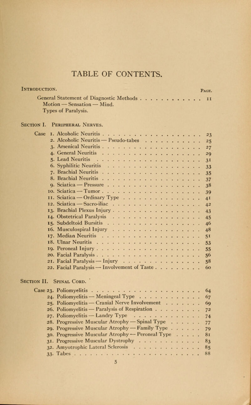 TABLE OF CONTENTS. Introduction. Page General Statement of Diagnostic Methods 11 Motion — Sensation — Mind. Types of Paralysis. Section I. Peripheral Nerves. Case I. Alcoholic Neuritis 23 2. Alcoholic Neuritis — Pseudo-tabes 25 3. Arsenical Neuritis 27 4. General Neuritis 29 5. Lead Neuritis 31 6. Syphilitic Neuritis 33 7. Brachial Neuritis 35 8. Brachial Neuritis 37 9. Sciatica — Pressure 38 10. Sciatica — Tumor 39 11. Sciatica — Ordinary Type 41 12. Sciatica — Sacro-iliac 42 13. Brachial Plexus Injury 43 14. Obstetrical Paralysis 45 15. Subdeltoid Bursitis 46 16. Musculospiral Injury 48 17. Median Neuritis 51 18. Ulnar Neuritis 53 19. Peroneal Injury 55 20. Facial Paralysis 56 21. Facial Paralysis—Injury 58 22. Facial Paralysis — Involvement of Taste 60 Section II. Spinal Cord. Case 23. Poliomyelitis 64 24. Poliomyelitis — Meningeal Type 67 25. Poliomyelitis — Cranial Nerve Involvement 69 26. Poliomyelitis — Paralysis of Respiration y2 27. Poliomyelitis — Landry Type 74 28. Progressive Muscular Atrophy — Spinal Type 77 29. Progressive Muscular Atrophy — Family Type 79 30. Progressive Muscular Atrophy—Peroneal Type 81 31. Progressive Muscular Dystrophy 83 32. Amyotrophic Lateral Sclerosis 85 33. Tabes 88