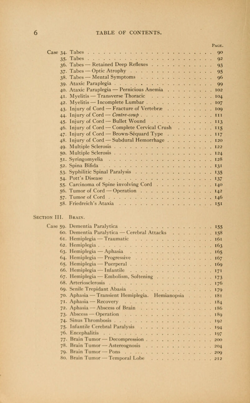 Page. Case 34. Tabes 90 35. Tabes 92 36. Tabes — Retained Deep Reflexes 93 37. Tabes — Optic Atrophy 95 38. Tabes — Mental Symptoms 96 39. Ataxic Paraplegia 99 40. Ataxic Paraplegia — Pernicious Anemia 102 41. Myelitis — Transverse Thoracic 104 42. Myelitis—Incomplete Lumbar 107 43. Injury'of Cord — Fracture of Vertebrae 109 44. Injury of Cord—Contre-coup 111 45. Injury of Cord — Bullet Wound 113 46. Injury of Cord — Complete Cervical Crush 115 47. Injury-of Cord — Brown-Sequard Type 117 48. Injury of Cord — Subdural Hemorrhage 120 49. Multiple Sclerosis 122 50. Multiple Sclerosis 124 51. Syringomyelia 128 52. Spina Bifida 131 53. Syphilitic Spinal Paralysis 135 54. Pott's Disease 137 55. Carcinoma of Spine involving Cord 140 56. Tumor of Cord — Operation 142 57. Tumor of Cord 146 58. Friedreich's Ataxia 151 Section III. Brain. Case 59. Dementia Paralytica 155 60. Dementia Paralytica — Cerebral Attacks 158 61. Hemiplegia — Traumatic 161 62. Hemiplegia 163 63. Hemiplegia — Aphasia 165 64. Hemiplegia — Progressive 167 65 Hemiplegia Puerperal 169 66. Hemiplegia — Infantile 171 67. Hemiplegia — Embolism, Softening 173 68. Arteriosclerosis 176 69. Senile Trepidant Abasia 179 70. Aphasia — Transient Hemiplegia. Hemianopsia t8i ~\. Aphasia Recover) 184 72. Aphasia Abscess of lir.iin [86 73- Aba< e - (tperat i<>n 189 74. Sinus Thrombosis k>2 75. Infantile ( erebral Paralysii n>4 I m ephalitis n>7 77. Brain Tumor Decompression 200 78. Brain Tumor Astereognosii 204 -<) Brain Tumor Pons 209 Brain Tumor Temporal I.<>!><• 212