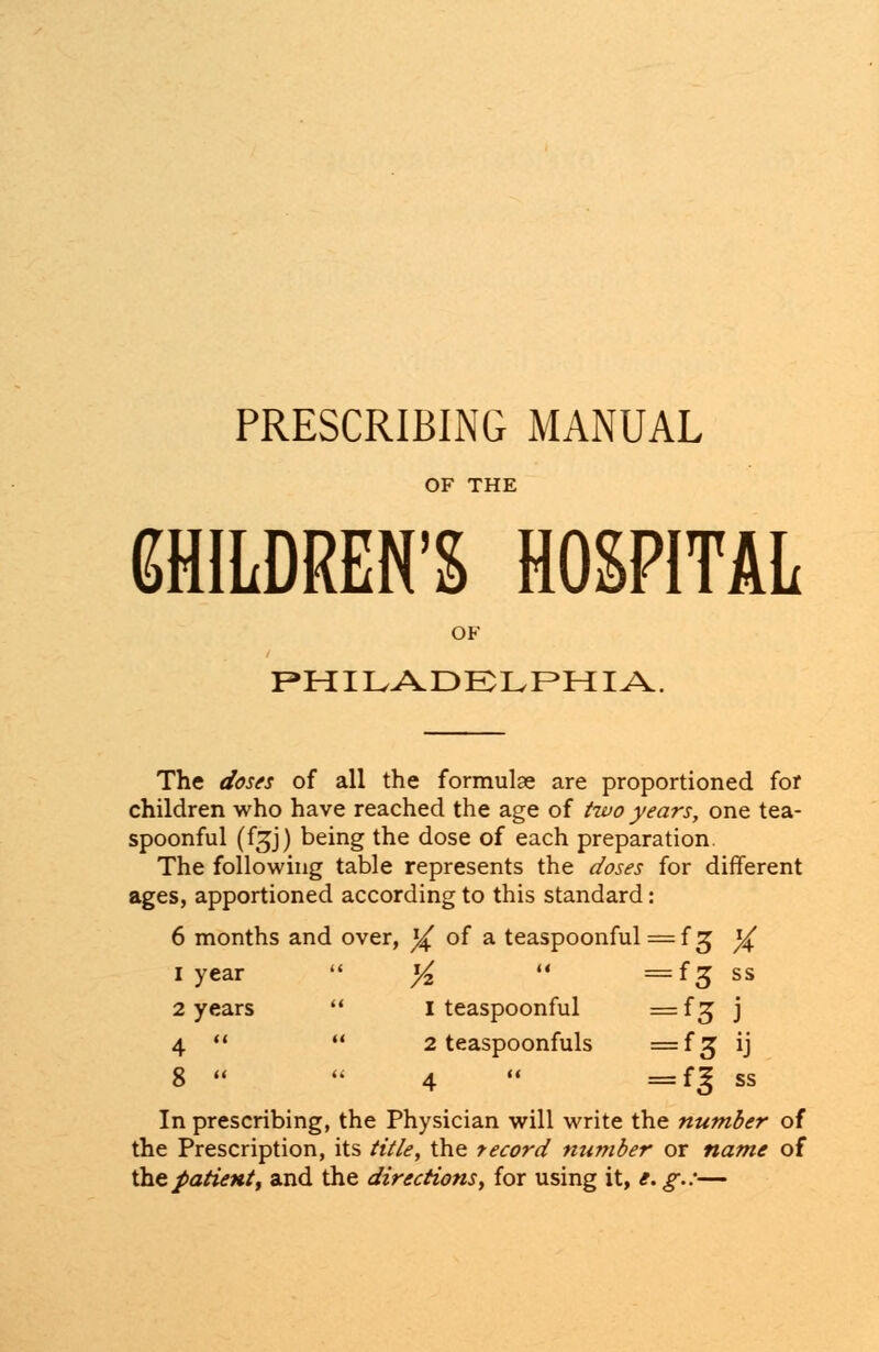 PRESCRIBING MANUAL OF THE CHILDREN'S HOSPITAL OF PHILADELPHIA. The doses of all the formulae are proportioned for children who have reached the age of two years, one tea- spoonful (f^j) being the dose of each preparation. The following table represents the doses for different ages, apportioned according to this standard: 6 months and over, ]£ of a teaspoonful =f 3 % 1 year  %  =fg ss 2 years  I teaspoonful = f 5 j 4   2 teaspoonfuls —{% ij 8 » 4  = fj ss In prescribing, the Physician will write the number of the Prescription, its title, the tecord number or name of the patient, and the directions, for using it, £.£•..*—