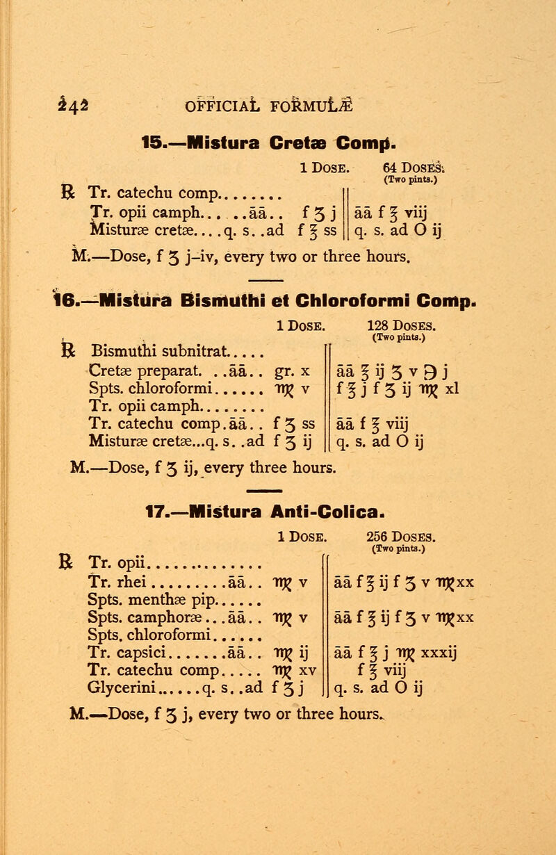 15—Mistura Cretas Comp. 1 Dose. 64 Doses; (Two pints.) R Tr. catechu comp Tr. opii camph. aa., f 5 j aa f § viij Misturse cretse q. s. .ad f § ss q. s. ad O ij M.—Dose, f 3 j—iv, every two or three hours. 16.—Mistura Bismuthi et Chloroform. Comp. 1 Dose. b Bismuthi subnitrat Cretae preparat. . .aa.. gr. x Spts. chloroformi tijj v Tr. opii camph Tr. catechu comp. aa. . f 5 ss Misturae cretae...q. s. .ad f 3 ij M.—Dose, f 3 ij, every three hours. 128 Doses. (Two pints.) aa I ij 3 v B j f§ j f 5 ij ^xl aa f ^ viij q. s. ad O ij 17.—Mistura Anti-Colica. R IDose Tr. opii 256 Doses. (Two pints.) Tr. rhei aa.. t»K v Spts. menthae pip Spts. camphorae... aa.. v<% v Spts. chloroformi Tr. capsici aa.. ttj^ ij Tr. catechu comp itjj xv Glycerini q. s. .ad f 3 j aaf^ijf 3 vn^xx aaf § ij f 3 vit^xx aa f § j n^ xxxij f I viij q. s. ad 0 ij