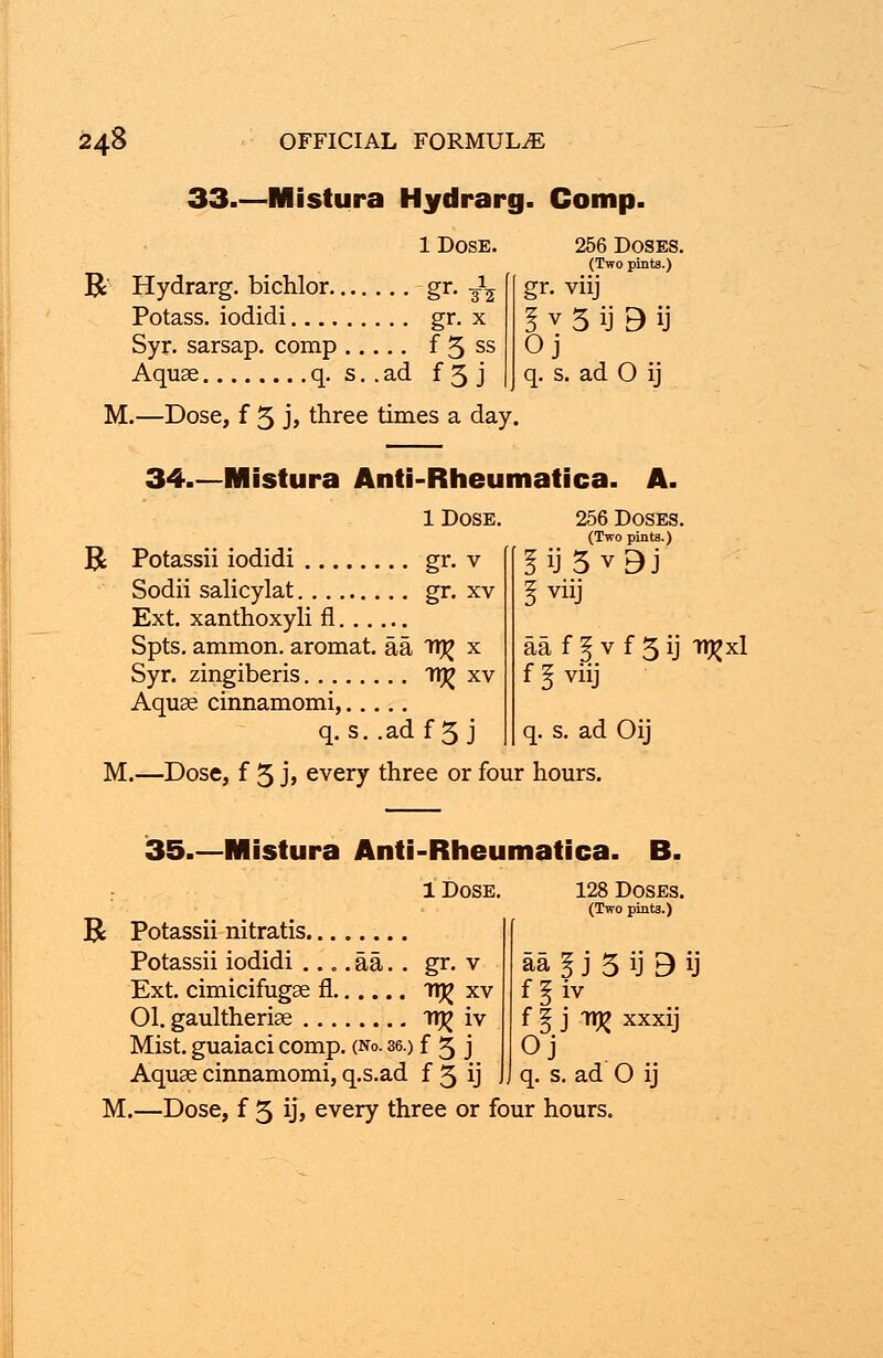 33.—Mistura Hydrarg. Comp. 1 Dose. R Hydrarg. bichlor gr. -^ Potass, iodidi gr. x Syr. sarsap. comp f 3 ss Aquae q. s. . ad f 3 j M.—Dose, f 5 j> three times a day 256 Doses. (Two pints.) gr. viij I v 5 ij 3 ij Oj q. s. ad O ij 34.—Mistura Anti-Rheumatica. 1 Dose. R Potassii iodidi gr. v Sodii salicylat gr. xv Ext. xanthoxyli fl Spts. ammon. aromat. aa^ x Syr. zingiberis 7TJ> xv Aquae cinnamomi, q. s..adf5 j 256 Doses. (Two pints.) fiJ5v9j § viij aa f Jvf Sij T^xl f I viij q. s. ad Oij M.—Dose, f 5 j» every three or four hours. 35.—Mistura Anti-Rheumatica. B. 1 Dose. R Potassii nitratis Potassii iodidi .... aa. . gr. v Ext. cimicifugae fl TT^ xv 01. gaultheriae TT|£ iv Mist, guaiaci comp. (No. 36.) f 3 j Aquae cinnamomi, q.s.ad f 3 ij 128 Doses. (Two pints.) aa I j 3 ij B ij f §iv f ^ j TTJJ XXxij Oj q. s. ad O ij