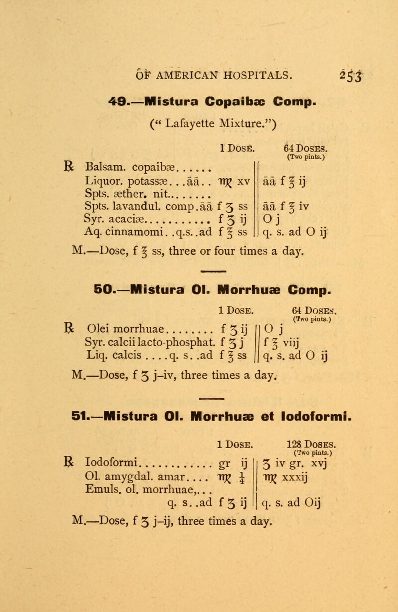 49.—Mistura Copaibae Comp. (« Lafayette Mixture.) 1 Dose. 64 Doses. (Two pints.) R Balsam, copaibae Liquor, potassce. .. aa. . 1T)£ xv aa f I ij Spts. aether, nit Spts. lavandul. comp. aa f 5 ss aa f 5 iv Syr. acaciae f 5 ij Oj Aq. cinnamomi. .q.s. .ad f § ss q. s. ad 0 ij M.—Dose, f § ss, three or four times a day. 50.—Mistura Ol. Morrhuae Comp. 1 Dose R Olei morrhuae f 5 ij Syr. calcii lacto-phosphat. f 5 j Liq. calcis ... .q. s. .ad f § ss M.—Dose, f 5 j-iv, three times a day. 64 Doses. (Two pints.) Oj f § viij q. s. ad O ij 51—Mistura Ol. Morrhuae et lodoformi. 1 Dose R lodoformi gr ij 01. amygdal. amar... .• I^J \ Emuls. ol. morrhuae,.. . q. s..ad f 5 ij M.—Dose, f 5 j—ij, three times a day. 128 Doses. (Two pints.) 5 iv gr. xvj TT)£ xxxij ad Oij