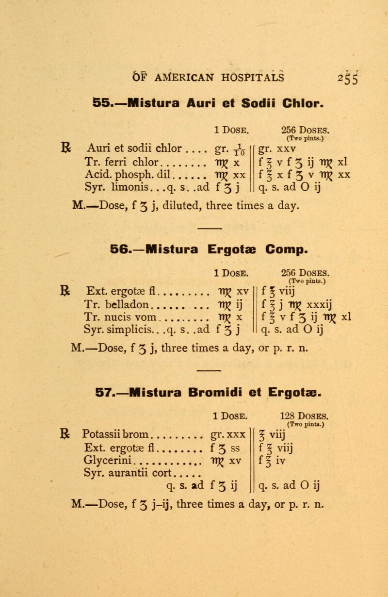 55.—Mistura Auri et Sodii Chlor. 1 Dose. R Auri et sodii chlor gr. T^ Tr. ferri chlor lij? x Acid, phosph. dil TT^ xx Syr. limonis.. .q. s. .ad f 5 j M.—Dose, f 5 j, diluted, three times a day 256 Doses. (Two pints.) gr. xxv f 5 v f 5 ij H£ xl f I x f 5 v 7T£ xx q. s. ad O ij 56.—Mistura Ergotae Comp. 1 Dose. R Ext. ergotae fl n^ xv Tr. belladon Tl^ ij Tr. nucis vom rr^ x Syr. simplicis.. .q. s. .ad f 5 j 256 Doses. (Two pints.) f I Viij f I j 11* xxxij f 5 v f 3 ij llR xl q. s. ad O ij M.—Dose, f 3 j» three times a day, or p. r. n. 57.—Mistura Bromidi et Ergotae. 1 Dose. R Potassii brom gr. xxx Ext. ergotae fl f 5 ss Glycerini tt^ xv Syr. aurantii cort M.—Dose, f 3 j—ij, three times a day, or p. r. n. 128 Doses (Two pints.) 5 viij f l viij f§iv
