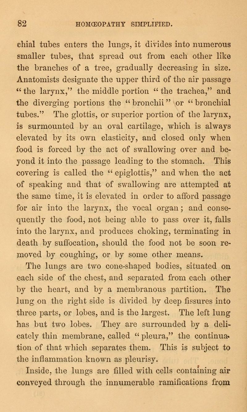 chial tubes enters the lungs, it divides into numerous smaller tubes, that spread out from each other like the branches of a tree, gradually decreasing in size. Anatomists designate the upper third of the air passage  the larynx, the middle portion  the trachea, and the diverging portions the  bronchii or  bronchial tubes. The glottis, or superior portion of the larynx, is surmounted by an oval cartilage, which is always elevated by its own elasticity, and closed only when food is forced by the act of swallowing over and be- yond it into the passage leading to the stomach. This covering is called the  epiglottis, and when the act of speaking and that of swallowing are attempted at the same time, it is elevated in order to afford passage for air into the larynx, the vocal organ; and conse- quently the food, not being able to pass over it, falls into the larynx, and produces choking, terminating in death by suffocation, should the food not be soon re- moved by coughing, or by some other means. The lungs are two cone-shaped bodies, situated on each side of the chest, and separated from each other by the heart, and by a membranous partition. The lung on the right side is divided by deep fissures into three parts, or lobes, and is the largest. The left lung has but two lobes. They are surrounded by a deli- cately thin membrane, called  pleura, the continua* tion of that which separates them. This is subject to the inflammation known as pleurisy. Inside, the lungs are filled with cells containing air conveyed through the innumerable ramifications from