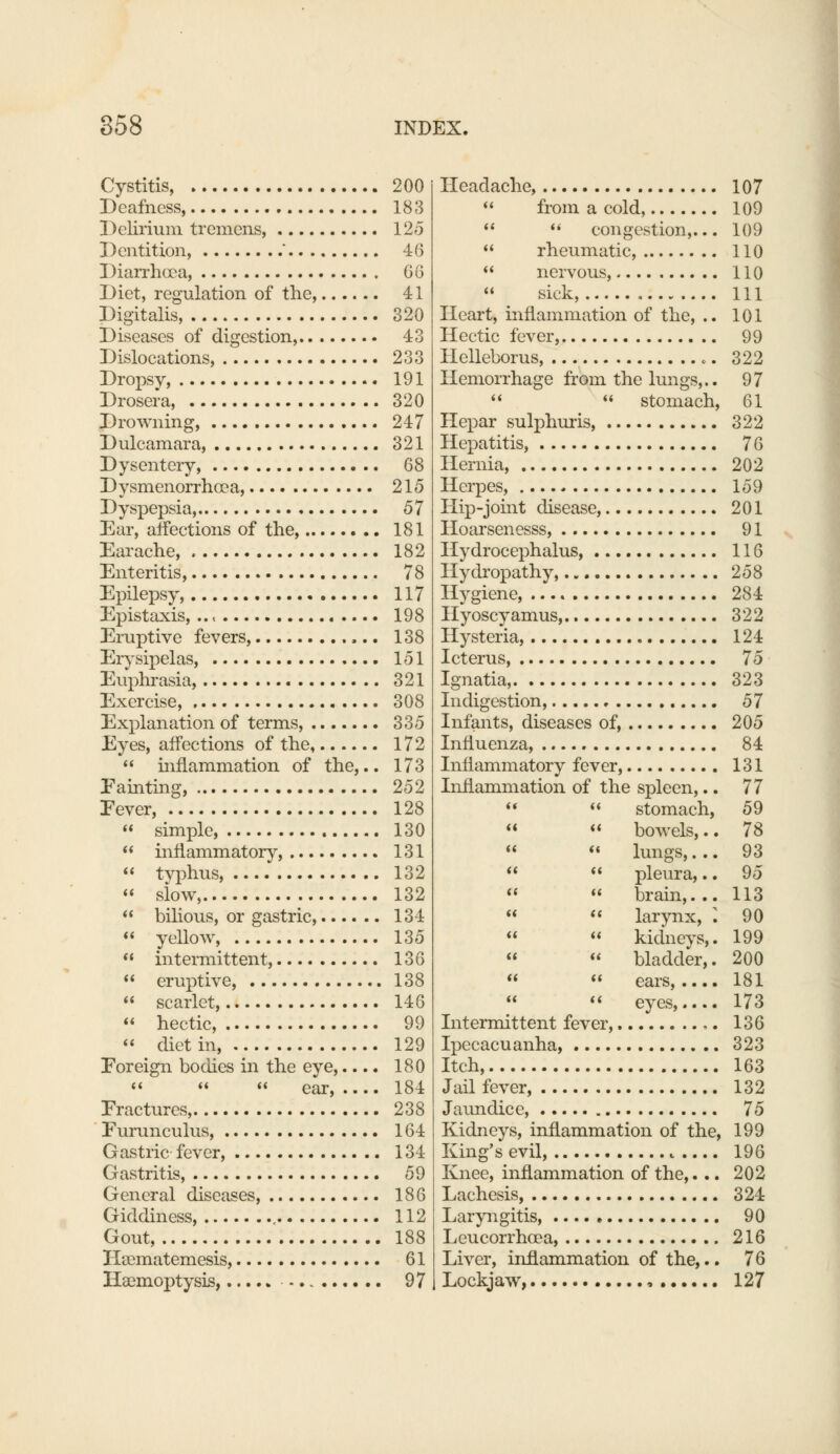 Cystitis, 200 Deafness, 183 Delirium tremens, 125 Dentition, ' 46 Diarrhoea, 66 Diet, regulation of the, 41 Digitalis, 320 Diseases of digestion, 43 Dislocations, 233 Dropsy, 191 Drosera, 320 Drowning, 247 Dulcamara, 321 Dysentery, 68 Dysmenorrhea, 215 Dyspepsia, 57 Ear, affections of the, 181 Earache, 182 Enteritis, 78 Epilepsy, 117 Epistaxis, 198 Eruptive fevers, 138 Erysipelas, 151 Euphrasia, 321 Exercise, 308 Explanation of terms, 335 Eyes, affections of the 172  inflammation of the,.. 173 Painting, 252 Fever, 128  simple, 130  inflammatory, 131  typhus, 132  slow, 132  bilious, or gastric, 134  yellow, 135  intermittent, 136  eruptive, 138  scarlet, 146  hectic, 99  diet in 129 Foreign bodies in the eye,.... 180   « ear, 184 Fractures, 238 Furunculus, 164 Gastric fever, 134 Gastritis, 59 General diseases, 186 Giddiness, , 112 Gout, 188 Hsematemesis, 61 Haemoptysis, 97 Headache, 107  from a cold, 109   congestion,... 109  rheumatic, 110  nervous, 110  sick, Ill Heart, inflammation of the, .. 101 Hectic fever, 99 Helleboms, 322 Hemorrhage from the lungs,.. 97  « stomach, 61 Hepar sulphuris, 322 Hepatitis, 76 Hernia, 202 Herpes, 159 Hip-joint disease, 201 Hoarsenesss, 91 Hydrocephalus, 116 Hydropathy, 258 Hygiene, 284 Hyoscyamus, 322 Hysteria, 124 Icterus, 75 Ignatia, 323 Indigestion, 57 Infants, diseases of, 205 Influenza, 84 Inflammatory fever, 131 Inflammation of the spleen,.. 77   stomach, 59  « bowels,.. 78   lungs,... 93   pleura,.. 95   brain,... 113 «  larynx, : 90  « kidneys,. 199   bladder,. 200  « ears, 181   eyes, 173 Intermittent fever, ,. 136 Ipecacuanha, 323 Itch, 163 Jail fever, 132 Jaundice, 75 Kidneys, inflammation of the, 199 King's evil, 196 Knee, inflammation of the,... 202 Lachesis, 324 Laryngitis, 90 Leucorrhcea, 216 Liver, inflammation of the,.. 76 Lockjaw, , 127