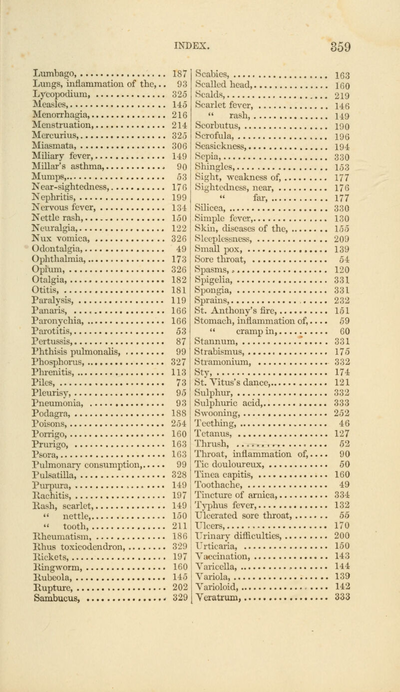 Lumbago, 187 Lungs, inflammation of the,.. 93 Lycopodium, 325 Measles, 145 Menorrhagia, 216 Menstruation, 214 Mercurius, 325 Miasmata, 306 Miliary fever, 149 Millar's asthma, * 90 Mumps, 53 Near-sightedness, 176 Nephritis, 199 Nervous fever, 134 Nettle rash, 150 Neuralgia, 122 Nux vomica, 326 Odontalgia, 49 Ophthalmia, 173 Opium, 326 Otalgia, 182 Otitis, 181 Paralysis, 119 Panaris, ..., 166 Paronychia, 166 Parotitis, 53 Pertussis, 87 Phthisis pulmonalis, 99 Phosphorus, 327 Phrenitis, 113 Piles, 73 Pleurisy, 95 Pneumonia, 93 Podagra, 188 Poisons, 254 Porrigo, 160 Prurigo 163 Psora, 163 Pulmonary consumption, 99 Pulsatilla, 328 Purpura, 149 Rachitis, 197 Rash, scarlet, 149 nettle, 150 tooth, 211 Rheumatism, 186 Rhus toxicodendron, 329 Rickets, 197 Ringworm, 160 Rubeola, 145 Rupture, 202 Sambucus, 329 Scabies, 163 Sealled head, 160 Scalds, 219 Scarlet fever, 146 rash, 149 Scorbutus, 190 Scrofula, 196 Seasickness, 194 Sepia, 330 Shingles, 153 Sight, weakness of, 177 Sightedness, near, 176 far, 177 Silicea, 330 Simple fever, 130 Skin, diseases of the, 155 Sleeplessness, 209 Small pox, 139 Sore throat, 54 Spasms,», 120 Spigelia, 331 Spongia, 331 Sprains, , 232 St. Anthony's fire, 151 Stomach, inflammation of,.... 59 cramp in, 60 Stannum, . 331 Strabismus, 175 Stramonium, 332 Sty, 174 St. Titus's dance, 121 Sulphur, 332 Sulphuric acid, » 333 Swooning, 252 Teething, 46 Tetanus, 127 Thrush, 52 Throat, inflammation of,.... 90 Tic douloureux, 50 Tinea capitis, 160 Toothache, 49 Tincture of arnica, 334 Typhus fever, 132 Ulcerated sore throat, 55 Ulcers, 170 Urinary difficulties, 200 Urticaria, 150 Vaccination, 143 Varicella, , 144 Variola, 139 Varioloid, 142 Veratrum, 333