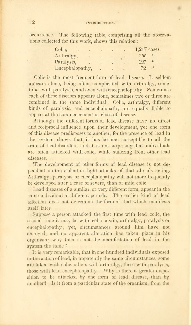 occurrence. The following table, comprising all the observa- tions collected for this work, shows this relation : Colic, 1,217 cases. Arthralgy, .... 755  Paralysis, . . . '. 127  Encephalopathy, . . . 72  Colic is the most frequent form of lead disease. It seldom appears alone, being often complicated with arthralgy, some- times with paralysis, and even with encephalopathy. Sometimes each of these diseases appears alone, sometimes two or three are combined in the same individual. Colic, arthralgy, different kinds of paralysis, and encephalopathy are equally liable to appear at the commencement or close of disease. Although the different forms of lead disease have no direct and reciprocal influence upon their development, yet one form of this disease predisposes to another, for the presence of lead in the system shows that it has become susceptible to all the train of lead disorders, and it is not surprising that individuals are often attacked with colic, while suffering from other lead diseases. The development of other forms of lead disease is not de- pendent on the violent or light attacks of that already acting. Arthralgy, paralysis, or encephalopathy will not more frequently be developed after a case of severe, than of mild colic. Lead diseases of a similar, or very different form, appear in the same individual at different periods. The earlier kind of lead affection does not determine the form of that which manifests itself later. Suppose a person attacked the first time with lead colic, the second time it may be with colic again, arthralgy, paralysis or encephalopathy; yet, circumstances around him have not changed, and no apparent alteration has taken place in his organism; why then is not the manifestation of lead in the system the same ? It is very remarkable, that in one hundred individuals exposed to the action of lead, in apparently the same circumstances, some are taken with colic, others with arthralgy, these with paralysis, those with lead encephalopathy. Why is there a greater dispo- sition to be attacked by one form of lead disease, than by another? Is it from a particular state of the organism, from the