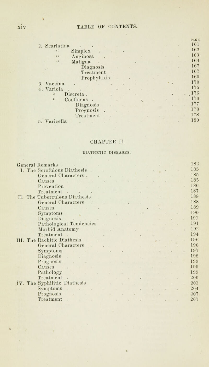 Maligna PAHE 161 Scarlatina  Simplex . • 1G^  Anginosa . 16 104 Diagnosis 167 Treatment 1G1? Prophylaxis . 169 3. Vaccina . . • • . 170 4. Variola . . • ■ ■ ■ m  Discreta . . . . _176 » Conflnens . •. • ■ l>!e Diagnosis 1' Prognosis . 1<8 Treatment 178 5. Varicella . x8° CHAPTER II. DIATHETIC DISEASES. General Remarks . 182 I. The Scrofulous Diathesis 185 General Characters . . 185 Causes . • 185 Prevention • 186 Treatment . . . 187 II. The Tuberculous Diathesis 188 General Characters . 188 Causes ... . 189 .Symptoms . 190 Diagnosis 191 Pathological Tendencies 191 Morbid Anatomy . . 192 Treatment . . . 194 III. The Rachitic Diathesis . ..190 General Characters . .190 Symptoms . • 197 Diagnosis . 198 Prognosis . 199 Causes 199 Pathology 199 Treatment . . 200 IV. The Syphilitic Diathesis . . .203 Symptoms .... 204 Prognosis . . ... 207 Treatment 207