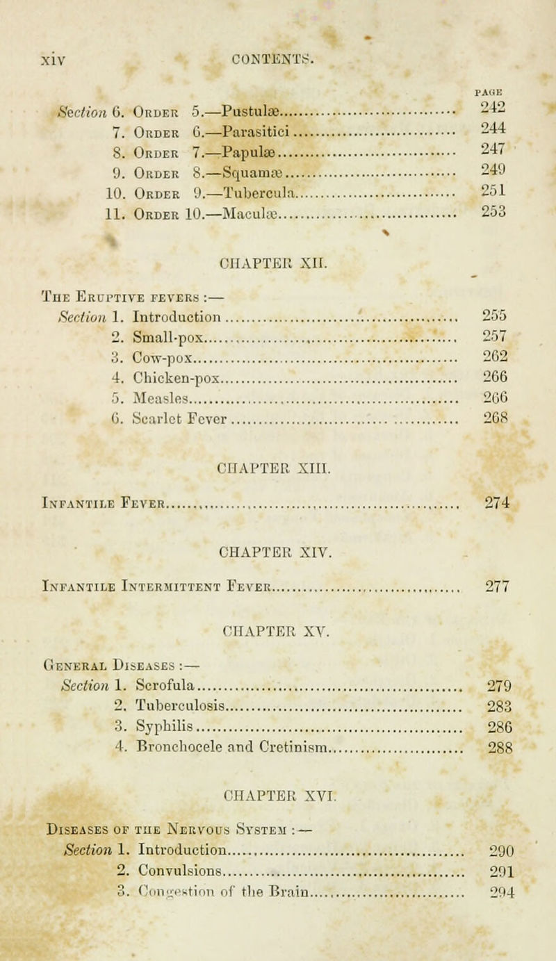 P.V1K SertionQ. Order 5.—Pustulao 3* 7. Order C—Parasitici 244 8. Order 7.—Papulae 247 9. Order 8.—Squamae 249 10. Order 9.—Tubercula 251 11. Order 10.—Macuhe 253 OHAPTBB XII. Tiie Eruptive fevers :— Section. 1. Introduction 255 2. Small-pox 257 3. Cow-pox 202 4. Chicken-pox 206 5. Measles 266 0. Scarlet Fever 208 CHAPTER XIII. Infantile Fever 274 CHAPTER XIV. Infantile Intermittent Fever 277 CHAPTER XV. (iENERAL Diseases :— Section 1. Scrofula 279 2. Tuberculosis 283 3. Syphilis 286 4. Bronchocele and Cretinism 288 CHAPTER XVI. Diseases of the Nervous System : — Section 1. Introduction 290 2. Convulsions 291 3. Congestion of the Brain 294