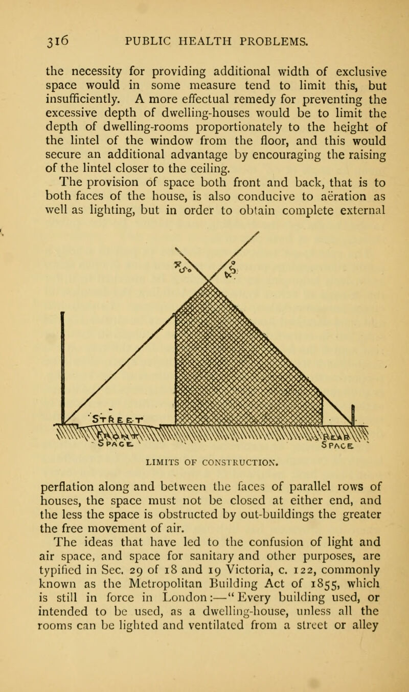 the necessity for providing additional width of exclusive space would in some measure tend to limit this, but insufficiently. A more effectual remedy for preventing the excessive depth of dwelling-houses would be to limit the depth of dwelling-rooms proportionately to the height of the lintel of the window from the floor, and this would secure an additional advantage by encouraging the raising of the lintel closer to the ceiling. The provision of space both front and back, that is to both faces of the house, is also conducive to aeration as well as lighting, but in order to obtain complete external LIMITS OF CONSTRUCTION. perflation along and between the faces of parallel rows of houses, the space must not be closed at either end, and the less the space is obstructed by out-buildings the greater the free movement of air. The ideas that have led to the confusion of light and air space, and space for sanitary and other purposes, are typified in Sec. 29 of 18 and 19 Victoria, c. 122, commonly known as the Metropolitan Building Act of 1855, which is still in force in London:— Every building used, or intended to be used, as a dwelling-house, unless all the rooms can be lighted and ventilated from a street or alley
