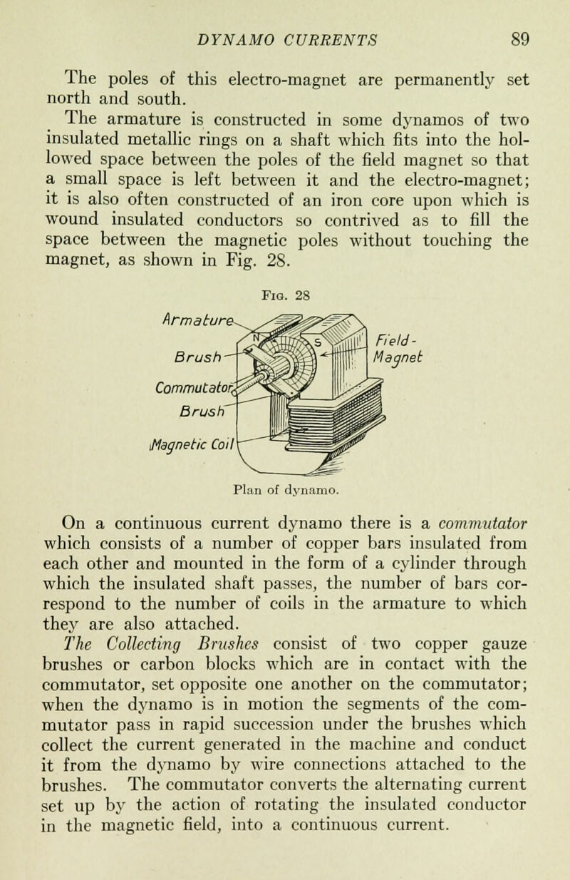 The poles of this electro-magnet are permanently set north and south. The armature is constructed in some dynamos of two insulated metallic rings on a shaft which fits into the hol- lowed space between the poles of the field magnet so that a small space is left between it and the electro-magnet; it is also often constructed of an iron core upon which is wound insulated conductors so contrived as to fill the space between the magnetic poles without touching the magnet, as shown in Fig. 28. Fig. 28 Armature  Field- Srws/)HJ>sK^S^|^ii)|||r Magnet Commutator^ Brush' Magnetic Coil Plan of dynamo. On a continuous current dynamo there is a commutator which consists of a number of copper bars insulated from each other and mounted in the form of a cylinder through which the insulated shaft passes, the number of bars cor- respond to the number of coils in the armature to which they are also attached. The Collecting Brushes consist of two copper gauze brushes or carbon blocks which are in contact with the commutator, set opposite one another on the commutator; when the dynamo is in motion the segments of the com- mutator pass in rapid succession under the brushes which collect the current generated in the machine and conduct it from the dynamo by wire connections attached to the brushes. The commutator converts the alternating current set up by the action of rotating the insulated conductor in the magnetic field, into a continuous current.