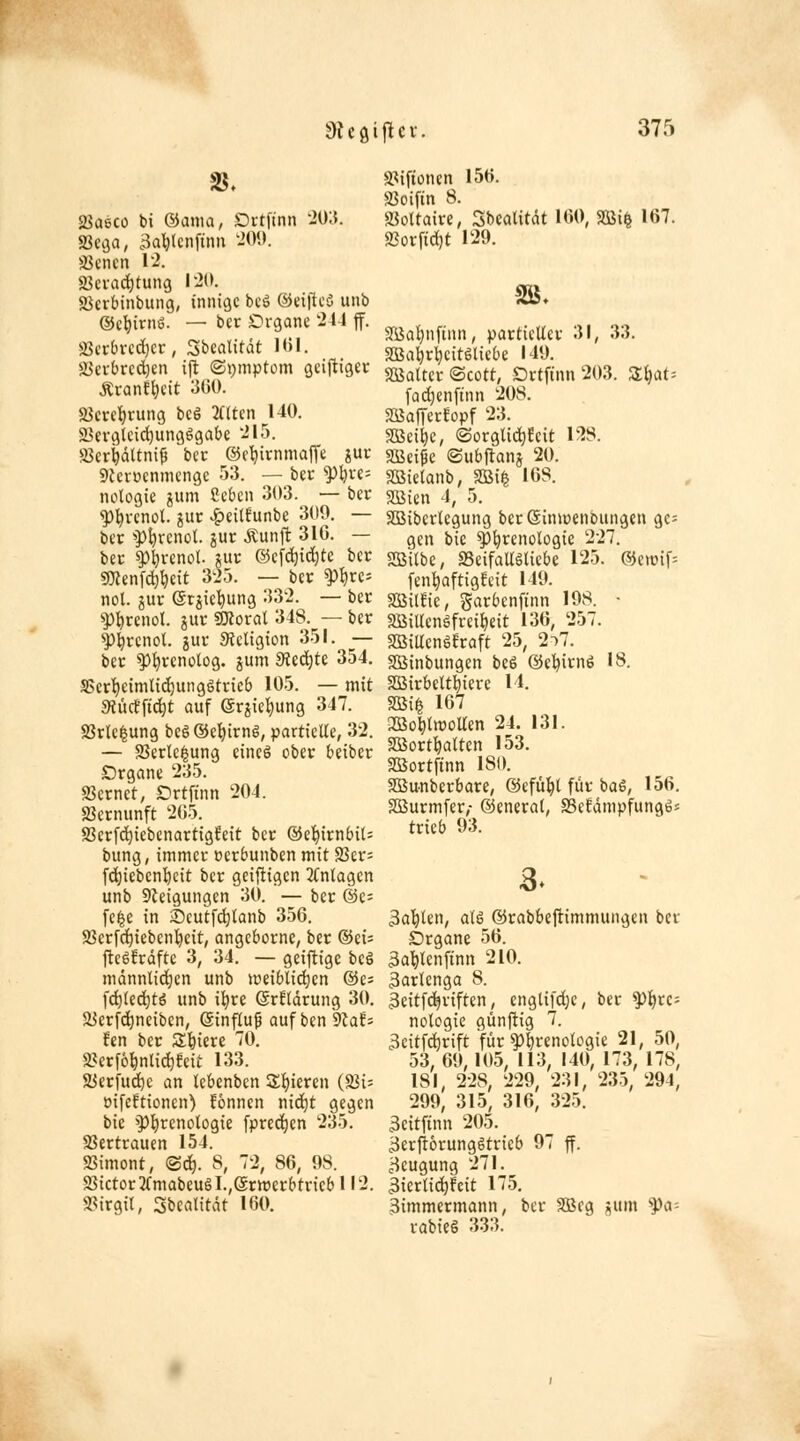 2?. Jßaeco bi ®ama, Drtftnn -015. Sega, 3al^lcnftnn -'0<». äJencn 1'^. Jöevac^tung \2(). aSerbinbung, innige bcö ©ciftcä unb ©c^irnö. — ber Crgane 244 ff, 33i'r6vcc{}er, Sbealitdt 101. $Bei-brcd)en i|t (Symptom gcipigec Äranf^cit 300. 35crcl)ntng bcö lilUn 140. SBergtcidjungögabe 'ilö. SBcr^ältni^ bcc ©c'^ivnmafTe jur 5)icvücnmcngc 53. — bec ^^ve= nologie gum ßcbcn 303. — ber ^^renol. ?ur ^eilfunbe 309. — ber ^p^vcnol. jur Äunft 310. — ber g)^renot. ?ur ®efc^id;te ber «Wenfc^ljeit 3i'.j. — ber ^^vr- nol. gur ©rjic'^ung 332. — ber P^rcnol. jur motal 348. — ber ''P^rcnol. ?ur StcUgion 3-51. — ber ^l^rcnolog. jum Siechte 354, S>crl)einilid)unggtrie6 10.5. — mit Siücfftd^t auf ©rjie^ung 347. 9Sr(c|ung be§®e^irn§, partielle, 32. — 23erlc|ung eincö ober beiber Organe 235. a?ernet, Drtfinn 204. S3ernunft 205. S3crfc^icbenartigfeit ber @e^irnbit= bung, immer cerbunben mit S3er= f4)ieben!^eit ber geifligcn 2(nlagen unb Steigungen 30. — ber @e= fe|e in Scutfc^lanb 350. 23erfd^iebenl)eit, angeborne, ber ®ei; fteöfrdfte 3, 34. — geiflige bcö männlid;cn unb meiblict)cn ©e^ fd](ed^tö unb i^re ©rftdrung 30. Süerfd^neiben, (äinfluMuf ben Staf^ fen ber Spiere 70. a?crf6^nlic^feit 133. SJerfud^e an lebenben Si)ieren (SSi^ oifcftionen) fönnen niä^t gegen tie 9^l)renotogie fpred)en 235. Vertrauen 154. SBimont, ©d). S, 72, 80, 98. 93ictor2fmabeugI.,grtt)erbtricb 112. 93irg«, Sbealitdt 100. aMfionen 150. a3oifin 8. SoUaire, Sbealitdt 100, m^ 107. 93orftd)t 129. IB. 2öai)nftnn, partieller 31, 33. SOBa^rlieitöliebe 149, SBaltcr ©cott, Ortftnn 203. Ziiat-- fad;enftnn 208, 2öafTerEopf 23, SBeii)e, ©orglic^Eeit 128. SBei^e ©ubftanj 20, SBietanb, SSSi^ 108, SBien 4, 5. SBibcrlegung bereinwenbungen ge= gen bie ^^renologie 227, SBilbc, SSeifaUölicbe 125. @etüif= feni)aftigfeit 149. SBiieie, garbenfinn 198. • SBiUcngfrei^eit 130, 257. SBillcnöfraft 25, 2^7. aSinbungen be6 ©el^irnö 18. SBirbelt^iere 14, SBi^ 107 QBü^lmoUen 24. 131. SOSort^atten 153, SBortftnn ISO. SBunberbare, ©efü^t für baS, 156. SBurmfer,- ©eneral, SSefdmpfungös trieb 93. 3a^len, al6 ©rabbejlimmungen ber Srgane 50. 3a^lenftnn 210. 3arlenga 8. 3eitfi^riften, englifci^c, ber ^Iju- nolcgie günftig 7. 3cit[d)rift für ^l)renotügie 21, 50, 53,09,105, 113, 140, 173, 178, 181, 228, 229, 231, 235, 294, 299, 315, 310, 325. 3e{tftnn 205. 3erjt6rung6trieb 97 ff. 3cugung 271. 3iertid)feit 175. Simmermann, ber SSScg iium ^a- rabieö 333.