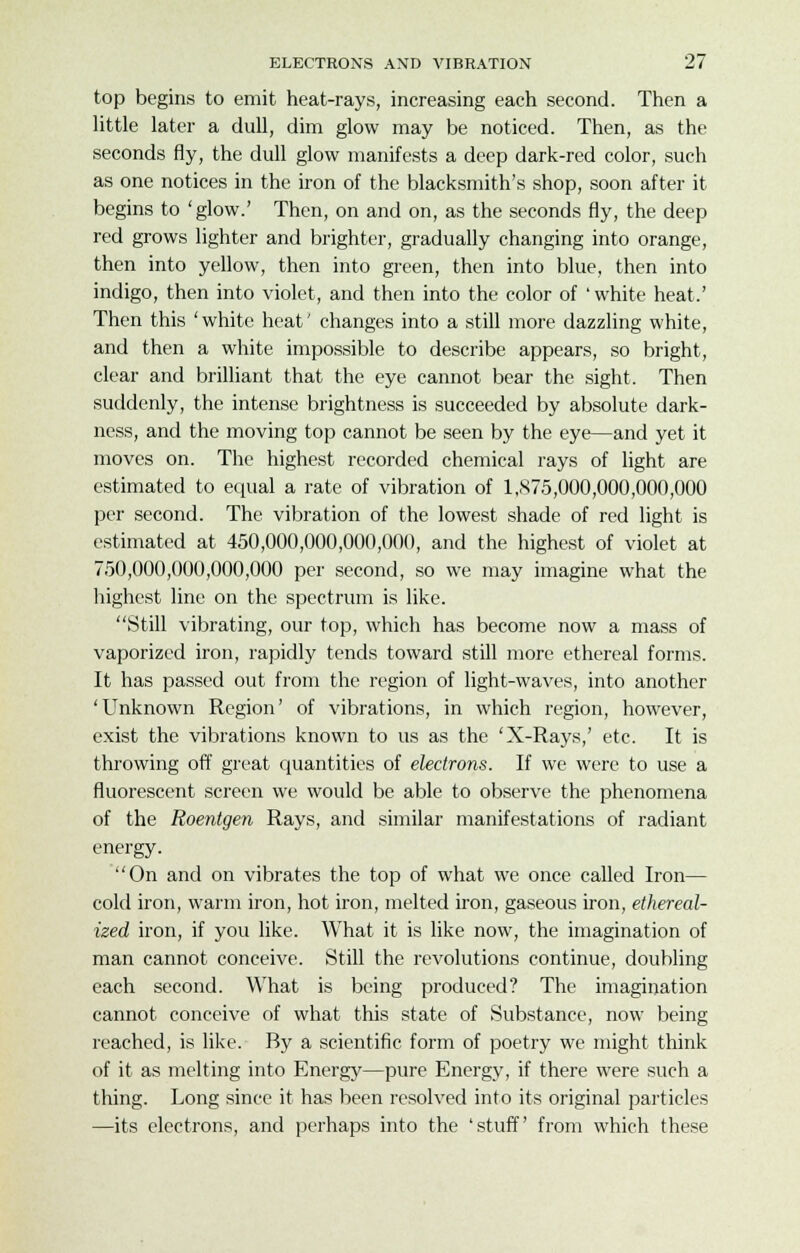 top begins to emit heat-rays, increasing each second. Then a little later a dull, dim glow may be noticed. Then, as the seconds fly, the dull glow manifests a deep dark-red color, such as one notices in the iron of the blacksmith's shop, soon after it begins to 'glow.' Then, on and on, as the seconds fly, the deep red grows lighter and brighter, gradually changing into orange, then into yellow, then into green, then into blue, then into indigo, then into violet, and then into the color of ' white heat.' Then this 'white heat' changes into a still more dazzling white, and then a white impossible to describe appears, so bright, clear and brilliant that the eye cannot bear the sight. Then suddenly, the intense brightness is succeeded by absolute dark- ness, and the moving top cannot be seen by the eye—and yet it moves on. The highest recorded chemical rays of light are estimated to equal a rate of vibration of 1,875,000,000,000,000 per second. The vibration of the lowest shade of red light is estimated at 450,000,000,000,000, and the highest of violet at 750,000,000,000,000 per second, so we may imagine what the highest line on the spectrum is like. Still vibrating, our top, which has become now a mass of vaporized iron, rapidly tends toward still more ethereal forms. It has passed out from the region of light-waves, into another 'Unknown Region' of vibrations, in which region, however, exist the vibrations known to us as the 'X-Rays,' etc. It is throwing off great quantities of electrons. If we were to use a fluorescent screen we would be able to observe the phenomena of the Roentgen Rays, and similar manifestations of radiant energy. On and on vibrates the top of what we once called Iron— cold iron, warm iron, hot iron, melted iron, gaseous iron, ethereal- ized iron, if you like. What it is like now, the imagination of man cannot conceive. Still the revolutions continue, doubling each second. What is being produced? The imagination cannot conceive of what this state of Substance, now being reached, is like. By a scientific form of poetry we might think of it as melting into Energy—pure Energy, if there were such a thing. Long since it has been resolved into its original particles —its electrons, and perhaps into the 'stuff' from which these