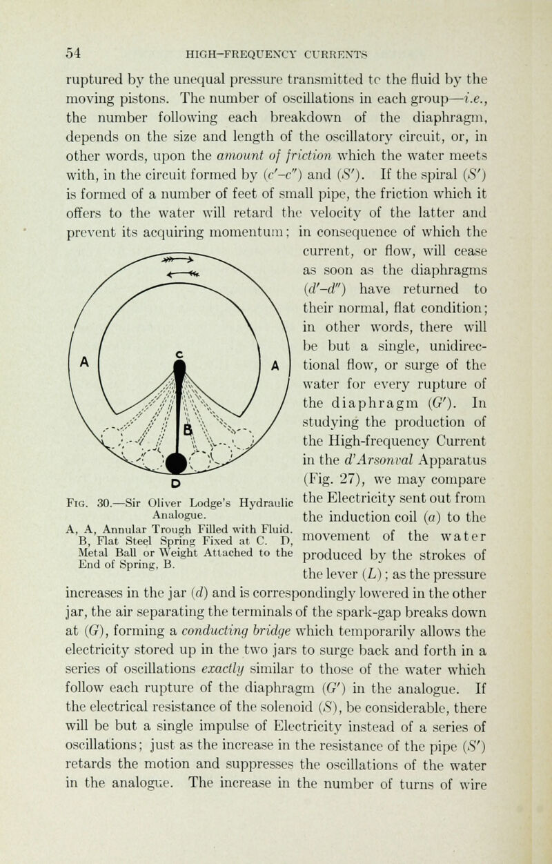 ruptured by the unequal pressure transmitted te the fluid by the moving pistons. The number of oscillations in each group—i.e., the number following each breakdown of the diaphragm, depends on the size and length of the oscillatory circuit, or, in other words, upon the amount of friction which the water meets with, in the circuit formed by (c'-c) and (>S). If the spiral (S') is formed of a number of feet of small pipe, the friction which it offers to the water will retard the velocity of the latter and prevent its acquiring momentum; in consequence of which the current, or flow, will cease as soon as the diaphragms (d'-d) have returned to their normal, flat condition; in other words, there will be but a single, unidirec- tional flow, or surge of the water for every rupture of the diaphragm ((?')• I11 studying the production of the High-frequency Current in the d'Arso?ival Apparatus (Fig. 27), we may compare the Electricity sent out from the induction coil (a) to the movement of the water Fig. 30.—Sir Oliver Lodge's Hydraulic Analogue. A, A, Annular Trough Filled with Fluid. B, Flat Steel Spring Fixed at C. D, Metal Ball or Weight Attached to the produced by the strokes of End of Spring, B. the lever (L); as the pressure increases in the jar (d) and is correspondingly lowered in the other jar, the air separating the terminals of the spark-gap breaks down at (G), forming a conducting bridge which temporarily allows the electricity stored up in the two jars to surge back and forth in a series of oscillations exactly similar to those of the water which follow each rupture of the diaphragm ((?') in the analogue. If the electrical resistance of the solenoid (S), be considerable, there will be but a single impulse of Electricity instead of a series of oscillations; just as the increase in the resistance of the pipe (S') retards the motion and suppresses the oscillations of the water in the analogue. The increase in the number of turns of wire