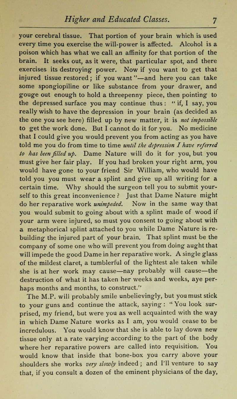 your cerebral tissue. That portion of your brain which is used every time you exercise the will-power is affected. Alcohol is a poison which has what we call an affinity for that portion of the brain. It seeks out, as it were, that particular spot, and there exercises its destroying- power. Now if you want to get that injured tissue restored; if you want —and here you can take some spongiopiline or like substance from your drawer, and gouge out enough to hold a threepenny piece, then pointing to the depressed surface you may continue thus :  if, I say, you really wish to have the depression in your brain (as decided as the one you see here) filled up by new matter, it is not impossible to get the work done. But I cannot do it for you. No medicine that I could give you would prevent you from acting as you have told me you do from time to time until the depression I have referred to has been filled up. Dame Nature will do it for you, but you must give her fair play. If you had broken your right arm, you would have gone to your friend Sir William, who would have told you you must wear a splint and give up all writing for a certain time. Why should the surgeon tell you to submit your- self to this great inconvenience ? Just that Dame Nature might do her reparative work unimpeded. Now in the same way that you would submit to going about with a splint made of wood if your arm were injured, so must you consent to going about with a metaphorical splint attached to you while Dame Nature is re- building the injured part of your brain. That splint must be the company of some one who will prevent you from doing aught that will impede the good Dame in her reparative work. A single glass of the mildest claret, a tumblerful of the lightest ale taken while she is at her work may cause—nay probably will cause—the destruction of what it has taken her weeks and weeks, aye per- haps months and months, to construct. The M.P. will probably smile unbelievingly, but you must stick to your guns and continue the attack, saying :  You look sur- prised, my friend, but were you as well acquainted with the way in which Dame Nature works as I am, you would cease to be incredulous. You would know that she is able to lay down new tissue only at a rate varying according to the part of the body where her reparative powers are called into requisition. You would know that inside that bone-box you carry above your shoulders she works very slowly indeed ; and I'll venture to say that, if you consult a dozen of the eminent physicians of the day,