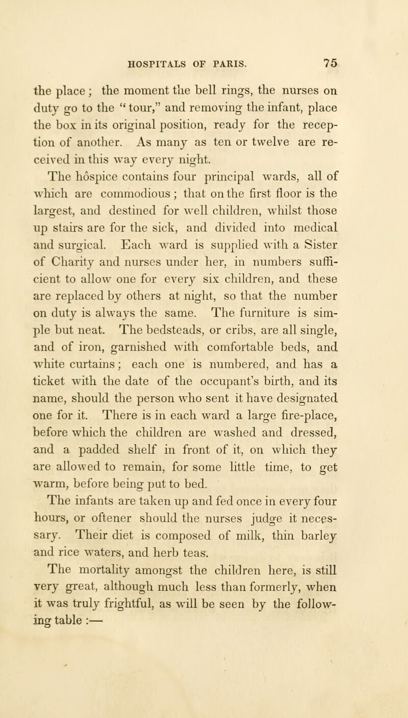 the place ; the moment the bell rings, the nurses on duty go to the tour, and removing the infant, place the box in its original position, ready for the recep- tion of another. As many as ten or twelve are re- ceived in this way every night. The hospice contains four principal wards, all of which are commodious ; that on the first floor is the largest, and destined for well children, whilst those up stairs are for the sick, and divided into medical and surgical. Each ward is supplied with a Sister of Charity and nurses under her, in numbers suffi- cient to allow one for every six children, and these are replaced by others at night, so that the number on duty is always the same. The furniture is sim- ple but neat. The bedsteads, or cribs, are all single, and of iron, garnished with comfortable beds, and white curtains; each one is numbered, and has a ticket with the date of the occupant's birth, and its name, should the person who sent it have designated one for it. There is in each ward a large fire-place, before which the children are washed and dressed, and a padded shelf in front of it, on which they are allowed to remain, for some little time, to get warm, before being put to bed. The infants are taken up and fed once in every four hours, or oftener should the nurses judge it neces- sary. Their diet is composed of milk, thin barley and rice waters, and herb teas. The mortality amongst the children here, is still very great, although much less than formerly, when it was truly frightful, as will be seen by the follow- ing table :—