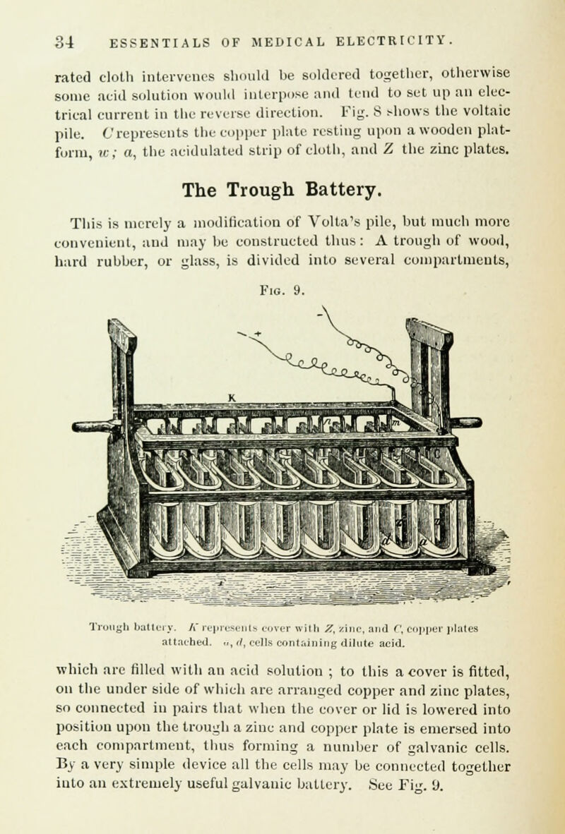 rated cloth intervenes should be soldered together, otherwise some acid solution would interpose and tend to set up an elec- trical current in the reverse direction. Fig. 8 shows the voltaic pile. C'represents the copper plate resting upon a wooden plat- form, w; a, the acidulated strip of cloth, and Z the zinc plates. The Trough Battery. This is merely a modification of Volta's pile, but much more convenient, and may be constructed thus: A trough of wood, hard rubber, or glass, is divided into several compartments, Trough battery. K represents cover with Z, zinc, and C, copper plates attached. .., </, cells containing dilute acid. which are filled with an acid solution ; to this a cover is fitted, on the under side of which are arranged copper and zinc plates, so connected in pairs that when the cover or lid is lowered into position upon the trough a zinc and copper plate is emersed into each compartment, thus forming a number of galvanic cells. By a very simple device all the cells may be connected together into an extremely useful galvanic battery. See Fig. 'J.