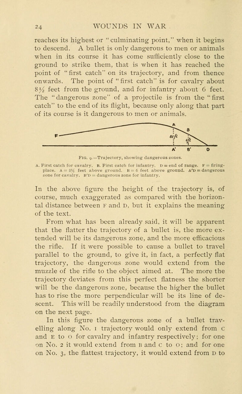 reaches its highest or culminating point, when it begins to descend. A bullet is only dangerous to men or animals when in its course it has come sufficiently close to the ground to strike them, that is when it has reached the point of first catch on its trajectory, and from thence onwards. The point of  first catch is for cavalry about S}4 feet from the ground, and for infantry about 6 feet. The dangerous zone of a projectile is from the first catch to the end of its flight, because only along that part of its course is it dangerous to men or animals. Fig. 9.—Trajectory, showing dangerous zones. A. First catch for cavalry. B. First catch for infantry. D = end of range. F = firing- place. A = Zl/2 feet above ground. B = 6 feet above ground. A'D = dangerous zone for cavalry. B'D = dangerous zone for infantry. In the above figure the height of the trajectory is, of course, much exaggerated as compared with the horizon- tal distance between f and D, but it explains the meaning of the text. From what has been already said, it will be apparent that the flatter the trajectory of a bullet is, the more ex- tended will be its dangerous zone, and the more efficacious the rifle. If it were possible to cause a bullet to travel parallel to the ground, to give it, in fact, a perfectly flat trajectory, the dangerous zone would extend from the muzzle of the rifle to the object aimed at. The more the trajectory deviates from this perfect flatness the shorter will be the dangerous zone, because the higher the bullet has to rise the more perpendicular will be its line of de- scent. This will be readily understood from the diagram on the next page. In this figure the dangerous zone of a bullet trav- elling along No. i trajectory would only extend from c and E to o for cavalry and infantry respectively; for one on No. 2 it would extend from B and c to o; and for one on No. 3, the flattest trajectory, it would extend from D to