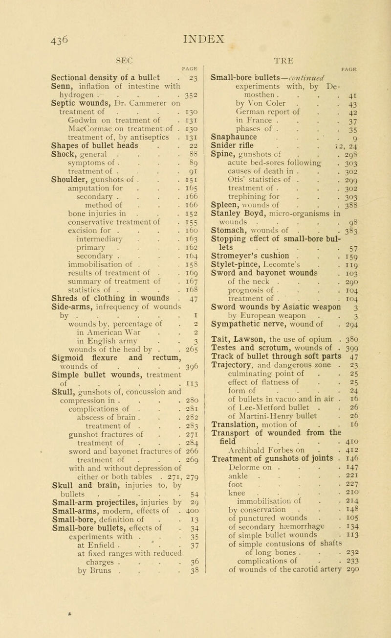 SEC PAGE Sectional density of a bullet . 23 Senn, inflation of intestine with hydrogen ..... 352 Septic wounds, Dr. Cammerer on treatment of . . .130 Godwin on treatment of -131 MacCormac on treatment of . 130 treatment of, by antiseptics . 131 Shapes of bullet heads . . 22 Shock, general . . . . SS symptoms of . . . .89 treatment of . . . 91 Shoulder, gunshots of . . -151 amputation for . . . 165 secondary . . . .166 method of . . .166 bone injuries in . . 152 conservative treatment of . 155 excision for . . . .160 intermedial-)- . . .163 primary . . .162 secondary . . . .164 immobilisation of . . .158 results of treatment of . .169 summary of treatment of . 167 statistics of . . . . 168 Shreds of clothing in wounds 47 Side-arms, infrequency of wounds by 1 wounds by, percentage of . 2 in American War . . 2 in English army . . 3 wounds of the head by . . 265 Sigmoid flexure and rectum, wounds of ... . 396 Simple bullet wounds, treatment of 113 Skull, gunshots of, concussion and compression in . . . . 280 complications of . . . 281 abscess of brain . . . 2S2 treatment of . . . 283 gunshot fractures of . . 271 treatment of 2S4 sword and bayonet fractures of 266 treatment of 269 with and without depression of either or both tables . 271, 279 Skull and brain, injuries to, by bullets 54 Small-arm projectiles, injuries by 29 Small-arms, modern, effects of . 400 Small-bore, definition of 13 Small-bore bullets, effects of . 34 experiments with . . -35 at Enfield . . * . -37 at fixed ranges with reduced charges . . . 36 by Bruns . . 3S TRE Small-bore bullets—continued experiments with, by De mosthen . by Von Coler German report of in France . phases of . Snaphaunce Snider rifle 3 Spine, gunshots of acute bed-sores following causes of death in . Otis' statistics of . treatment of . trephining for Spleen, wounds of Stanley Boyd, micro-organisms in wounds .... Stomach, wounds of . Stopping effect of small-bore bul lets .... Stromeyer's cushion . Stylet-pince, Lecomte's Sword and bayonet wounds of the neck . prognosis of . treatment of . Sword wounds by Asiatic weapon by European weapon Sympathetic nerve, wound of Tait, Lawson, the use of opium Testes and scrotum, wounds of Track of bullet through soft parts Trajectory, and dangerous zone culminating point of effect of flatness of form of of bullets in vacuo and in air of Lee-Metford bullet . of Martini-Henry bullet Translation, motion of Transport of wounded from the field .... Archibald Forbes on Treatment of gunshots of joints Delorme on . ankle .... foot .... knee .... immobilisation of by conservation of punctured wounds of secondary haemorrhage of simple bullet wounds of simple contusions of shaft of long bones . complications of of wounds of the carotid artery 290