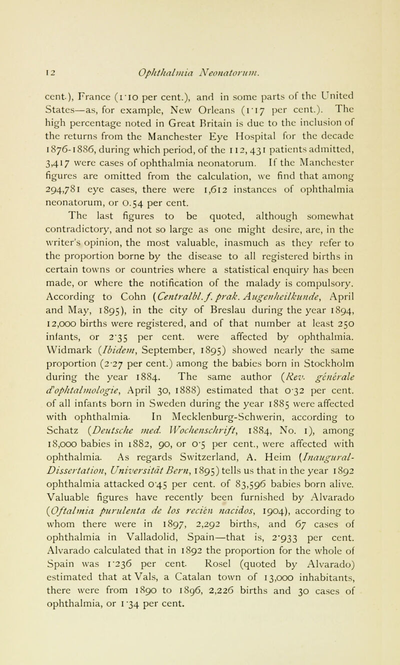 cent), France (no per cent.), and in some parts of the United States—as, for example, New Orleans (1T7 per cent.). The high percentage noted in Great Britain is due to the inclusion of the returns from the Manchester Eye Hospital for the decade 1876-1886, during which period, of the 112, 431 patients admitted, 3,417 were cases of ophthalmia neonatorum. If the Manchester figures are omitted from the calculation, we find that among 294,781 eye cases, there were 1,612 instances of ophthalmia neonatorum, or 0.54 per cent. The last figures to be quoted, although somewhat contradictory, and not so large as one might desire, are, in the writer's opinion, the most valuable, inasmuch as they refer to the proportion borne by the disease to all registered births in certain towns or countries where a statistical enquiry has been made, or where the notification of the malady is compulsory. According to Cohn {Centralbl.f. prak. Augeuheilkunde, April and May, 1895), in the city of Breslau during the year 1894, 12,000 births were registered, and of that number at least 250 inlants, or 2*35 per cent, were affected by ophthalmia. Widmark {Ibidem, September, 1895) showed nearly the same proportion (2 27 per cent.) among the babies born in Stockholm during the year 1884. The same author {Rev- generate d'ophtalmologte, April 30, 1888) estimated that 032 per cent, of all infants born in Sweden during the year 1885 were affected with ophthalmia. In Mecklenburg-Schwerin, according to Schatz {Deutsche med. Wochenschrift, 1884, No. 1), among 18,000 babies in 1S82, 90, or 0^5 per cent., were affected with ophthalmia. As regards Switzerland, A. Heim {Inaugural- Dissertation, Universitiit Bern, 1895) tells us that in the year 1892 ophthalmia attacked 045 per cent, of 83,596 babies born alive. Valuable figures have recently been furnished by Alvarado {Oftalmia purulenta de los recien nacidos, 1904), according to whom there were in 1897, 2,292 births, and 6j cases of ophthalmia in Valladolid, Spain—that is, 2^933 per cent. Alvarado calculated that in 1892 the proportion for the whole of Spain was 1*236 per cent Rosel (quoted by Alvarado) estimated that at Vals, a Catalan town of 13,000 inhabitants, there were from 1890 to 1896, 2,226 births and 30 cases of ophthalmia, or 1 '34 per cent.