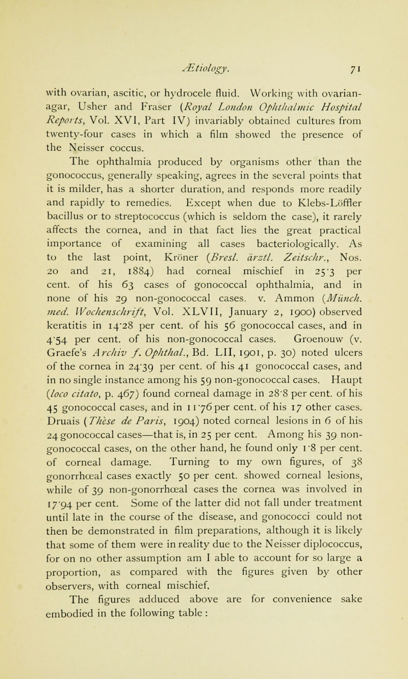 with ovarian, ascitic, or hydrocele fluid. Working with ovarian- agar, Usher and Fraser {Royal London Oplitlialmic Hospital Reports, Vol. XVI, Part IV) invariably obtained cultures from twenty-four cases in which a film showed the presence of the Neisser coccus. The ophthalmia produced by organisms other than the gonococcus, generally speaking, agrees in the several points that it is milder, has a shorter duration, and responds more readily and rapidly to remedies. Except when due to Klebs-Luffler bacillus or to streptococcus (which is seldom the case), it rarely affects the cornea, and in that fact lies the great practical importance of examining all cases bacteriologically. As to the last point, Kroner {Brest, drztl. Zeitschr., Nos. 20 and 21, 1884) had corneal mischief in 25^3 per cent, of his 63 cases of gonococcal ophthalmia, and in none of his 29 non-gonococcal cases, v. Ammon {Munch, med. Wochenschrift, Vol. XLVII, January 2, 1900) observed keratitis in i4'28 per cent, of his 56 gonococcal cases, and in 4'54 per cent, of his non-gonococcal cases. Groenouw (v. Graefe's Archiv f. Ophthal., Bd. LII, 1901, p. 30) noted ulcers of the cornea in 24^39 per cent, of his 41 gonococcal cases, and in no single instance among his 59 non-gonococcal cases. Haupt {loco citato, p. 467) found corneal damage in 28'8 percent, of his 45 gonococcal cases, and in 1176 per cent, of his 17 other cases. Druais {These de Paris, 1904) noted corneal lesions in 6 of his 24 gonococcal cases—that is, in 25 per cent. Among his 39 non- gonococcal cases, on the other hand, he found only r8 per cent, of corneal damage. Turning to my own figures, of 38 gonorrhoeal cases exactly 50 per cent, showed corneal lesions, while of 39 non-gonorrhceal cases the cornea was involved in I7'94 per cent. Some of the latter did not fall under treatment until late in the course of the disease, and gonococci could not then be demonstrated in film preparations, although it is likely that some of them were in reality due to the Neisser diplococcus, for on no other assumption am I able to account for so large a proportion, as compared with the figures given by other observers, with corneal mischief. The figures adduced above are for convenience sake embodied in the following table :