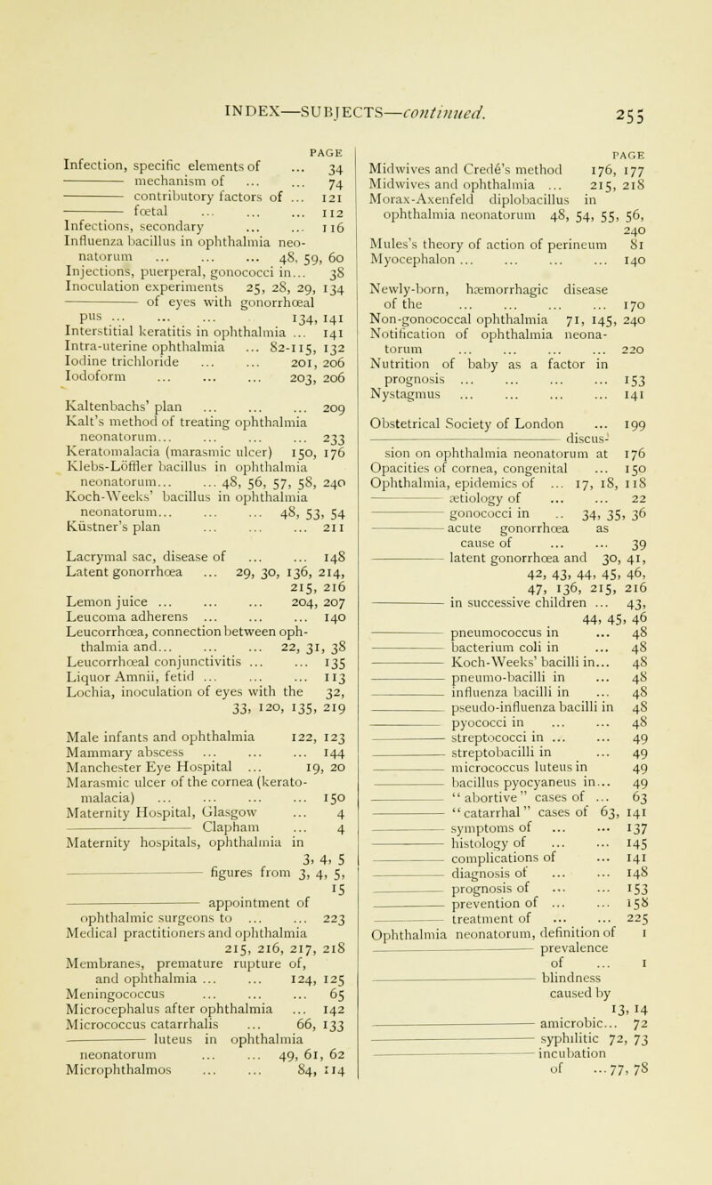 Infection, specific elements of mechanism of contributory factors of fcetal PAGE 34 74 121 112 116 Infections, secondary Influenza bacillus in ophthalmia neo natorum ... 4S, 59, 60 Injections, puerperal, gonococci in... 38 Inoculation experiments 25, 28, 29, 134 of eyes with gonorrhceal Pus .--. 134, 141 Interstitial keratitis in ophthalmia ... 141 Intra-uterine ophthalmia ... 82-115, I32 Iodine trichloride ... ... 201,206 Iodoform ... ... ... 203, 206 Kaltenbachs' plan ... ... ... 209 Kalt's method of treating ophthalmia neonatorum... ... ... ... 233 Keratomalacia (marasmic ulcer) 150, 176 Klebs-L6frler bacillus in ophthalmia neonatorum... ... 48, 56, 57, 58, 240 Koch-Weeks' bacillus in ophthalmia neonatorum... ... ... 48, 53, 54 Kustner's plan ... ... ... 211 Lacrymal sac, disease of Latent gonorrhoea ... 29,30,136, Lemon juice ... ... ... 204 Leucoma adherens ... Leucorrhcea, connection between oph- thalmia and... ... ... 22, 3 Leucorrhceal conjunctivitis ... Liquor Amnii, fetid ... Lochia, inoculation of eyes with the 33, 120, I35; 214, 216 207 140 :, 38 135 3 32. 219 Male infants and ophthalmia 122, 123 Mammary abscess ... ... ... 144 Manchester Eye Hospital ... 19, 20 Marasmic ulcer of the cornea (kerato- malacia) 150 Maternity Hospital, Glasgow ... 4 Clapham ... 4 Maternity hospitals, ophthalmia in 3 — figures from 3, appointment of 4, 5 4, 5, 15 ophthalmic surgeons to Medical practitioners and ophthalmia 215, 216, 217 Membranes, premature rupture of, and ophthalmia ... ... 124 Meningococcus Microcephalia after ophthalmia Micrococcus catarrhalis ... 66 luteus in ophthalmia neonatorum ... ... 49, 61, 62 Microphthalmos ... ... 84, 114 223 218 125 65 142 133 PAGE 176, 177 2IS, 218 in 54, 55 56, 240 neum 81 140 Midwives and Credfj's method Midwives and ophthalmia ... Morax-Axenfeld diplobacillus ophthalmia neonatorum 48, Mules's theory of action of perineum Myocephalon ... Newly-born, heemorrhagic disease of the 170 Non-gonococcal ophthalmia 71, 145, 240 Notification of ophthalmia neona- torum ... ... ... ... 220 Nutrition of baby as a factor in prognosis 153 Nystagmus ... 141 Obstetrical Society of London ... 199 discus- sion on ophthalmia neonatorum at 176 Opacities of cornea, congenital ... 150 Ophthalmia, epidemics of ... 17, 18, 118 — aetiology of ... ... 22 — gonococci in .. 34,35,3° acute gonorrhoea as cause of ... ... 39 latent gonorrhoea and 30,41, 42, 43, 44, 45, 46, 47, 136, 215, 216 in successive children ... 43, 44, 45, 46 pneumococcus in ... 48 bacterium coli in ... 48 Koch-Weeks'bacilli in... 4S pneumo-bacilli in ... 48 influenza bacilli in ... 48 pseudo-influenza bacilli in 4S pyococci in ... ... 48 streptococci in ... ... 49 streptobacilli in ... 49 micrococcus luteus in 49 bacillus pyocyaneus in... 49 abortive cases of ... 63 catarrhal cases of 63, 141 symptoms of ... ... 137 histology of ... ... 145 complications of ... 141 — diagnosis ot ... ... 148 prognosis of ... ... 153 prevention of ... ... 158 — treatment of 225 Ophthalmia neonatorum, definition of 1 — prevalence of ... 1 - blindness caused by 13, H amicrobic... 72 - syphditic 72, 73 incubation of ...77,7S