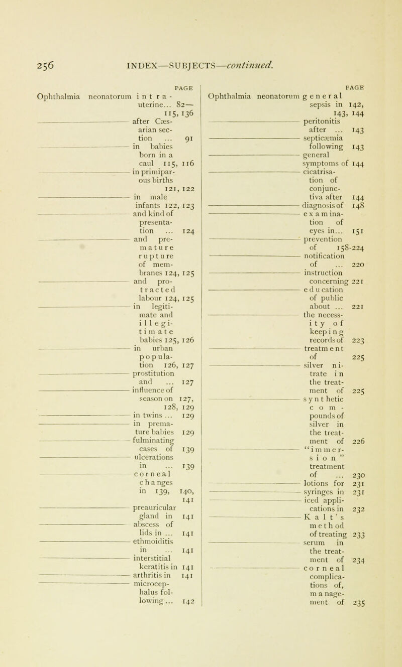 PAGE Ophthalmia neonatorum i n t r a - uterine... 82— 5.'36 - after Caes- arian sec- tion in babies born in a caul 115, inprimipar- ous births 121, in male infants 122, and kind of presenta- tion anrl pre- mature rupture of mem- branes 124, and pro- tracted labour 124, in legiti- mate and i I 1 e gi- t i m ate babies 125, in urban popula- tion 126, prostitution and influence of season on 128, in twins ... in prema- ture babies fulminating cases of - ulcerations in - corneal c h a nges in '39. preauricular gland in abscess of lids in ... - ethmoiditis in interstitial keratitis in arthritis in microcep- halus fol- lowing ... 91 116 122 123 124 125 125 126 127 127 127, 129 129 129 139 139 I40, 141 141 141 141 141 MI I42 Ophthalmia neonatorum general sepsis in in 142, 143. 144 peritonitis after ... 143 '43 septicaemia following general symptoms of 144 cicatrisa- tion of conjunc- tiva after diagnosis of 144 14S '5' 221 22;, 225 225 exam na- tion of eyes in... prevention of 15S-224 ■ notification of ... 220 instruction concerning 221 e d u cation of public about ... the necess- i t y of keep i n g records of treatm e n t of silver n i- trate i n the treat- ment 1 if synt hetic c o m - pounds of silver in the treat- ment of im 111 e r- s i o n treatment of lotions for - syringes in - iced appli- cations in Kalt's m e t h od of treating 233 serum in the treat- ment of corneal complica- tions of, 230 231 231 232 234 m a nage- ment of 235
