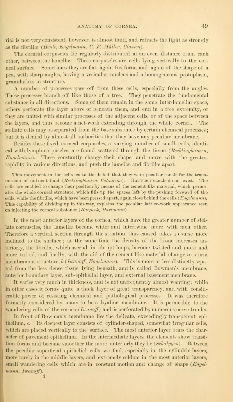 ANATOMY OF COKNEA. 40 rial is not very consistent, however, is almost fluid, and refracts the light as strongly as the fibrilUe (Henle, Engelmann, C. /•'. Muller, Classen). The corneal corpuscles lie regularly distributed at an even distance from each other, between the lamellae. These corpuscles are cells lying vertically to the cor- neal surface. Sometimes they are flat, again fusiform, and again of the shape of a pea, with sharp angles, having a vesicular nucleus and a homogeneous protoplasm, granularless in structure. A number of processes pass off from these cells, especially from the angles. These processes branch off like those of a tree. They penetrate the fundamental substance in all directions. Some of them remain in the same inter-lamellar space, others perforate the layer above or beneath them, and end in a free extremity, or they are united with similar processes of the adjacent cells, or of the sj)ace between the layers, and thus become a net-work extending through the whole cornea. The stellate cells may he separated from the base substance by certain chemical processes ; but it is denied by almost all authorities that they have any peculiar membrane. Besides these fixed corneal corpuscles, a varying number of small cells, identi- cal with lymph-corpuscles, are found scattered through the tissue {Recklinghausen, Engelmann). These constantly change their shape, and move with the greatest rapidity in various directions, and push the lamelke and fibrillar apart. This movement in the cells led to the belief that they were peculiar canals for the trans- mission of nutrient fluid (Recklinghausen, CohnJieim). But such canals do not exist. The cells are enabled to change their position by means of the cement-like material, which perme- ates the whole corneal structure, which fills up the spaces left by the pushing forward of the cells, while the fibrillse, which have been pressed apart, again close behind the cells {Engelmann). This capability of dividing up in this way, explains the peculiar lattice-work appearance seen on injecting the corneal substance (Ilarpeck, Hartmann). In the most anterior layers of the cornea, which have the greater number of stel- late corpuscles, the lamella? become wider and intertwine more with each other. Therefore a vertical section through the striation thus caused takes a course more inclined to the surface; at the same time the density of the tissue increases an- teriorly, the fibrilUe, which ascend in abrupt loops, become twisted and more and more tufted, and finally, with the aid of the cement-like material, change to a firm membranous structure, J> (Itrnu<>Jf\ Engelmann). This is more or less distinctly sepa- ted from the less dense tissue lying beneath, and is called Bowman's membrane, anterior boundary layer, sub-epithelial layer, and external basement membrane. It varies very much in thickness, and is not unfrequently almost wanting; while in other cases it forms quite a thick layer of great transparency, and with consid- erable power of resisting chemical and pathological processes. It was therefore formerly considered by many to be a hyaline membrane. It is permeable to the wandering cells of the cornea (Iwanoff) and is perforated by numerous nerve trunks. In front of Bowman's membrane lies the delicate, exceedingly transparent epi- thelium, c. Its deepest layer consists of cylinder-shaped, somewhat irregular cells, which are placed vertically to the surface. The most anterior layer bears the char- acter of pavement epithelium. In the intermediate layers the elements show transi- tion forms and become smoother the more anteriorly they lie (Schahjgen). Between the peculiar superficial epithelial cells we find, especially in the cylindric layers, more rarely in the middle layers, and extremely seldom in the most anterior layers, small wandering cells which are in constant motion and change of shape (Engel- tnann, Iwanoff).
