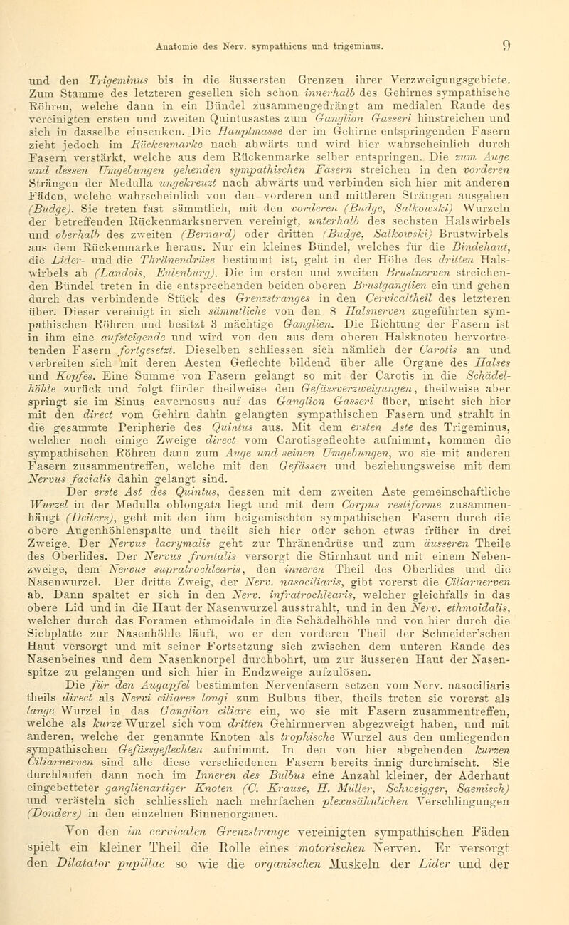 und den Trigemimis bis in die äussersten Grenzen ihrer Verzweigungsgebiete. Zum Stamme des letzteren gesellen sich schon innerhalb des Gehirnes sympathische Röhren, welche dann in ein Bündel zusammengedrängt am medialen Rande des vereinigten ersten und zweiten Quintusastes zum Ganglion Gasseri hinstreicheu und sich in dasselbe einsenken. Die Hauptmasse der im Gehirne entspringenden Fasern zieht jedoch im Bückenmarke nach abwärts und wird hier wahrscheinlich durch Fasern verstärkt, welche aus dem Rückenmarke selber entspringen. Die zum Auge und dessen Umgebungen gehenden sympathischen Fasern streichen in den vorderen Strängen der Medulla ungekreuzt nach abwärts und verbinden sich hier mit anderen Fäden, welche wahrscheinlich von den vorderen und mittleren Strängen ausgehen (Budge). Sie treten fast sämmtlich, mit den vorderen (Budge, SaJkowskiJ Wurzeln der betreffenden Rückenmarksnerven vereinigt, unterhalb des sechsten Halswirbels und oberhalb des zweiten (Bernard) oder dritten (Budge, Salkowski) Brustwirbels aus dem Rückenmarke heraus. Nur ein kleines Bündel, welches für die Bindehaut, die Lider- und die Thränendrüse bestimmt ist, geht in der Höhe des dritten Hals- wirbels ab (Landois, Eidenburg). Die im ersten und zweiten Brustnerven streichen- den Bündel treten in die entsprechenden beiden oberen Brustganglien ein und gehen durch das verbindende Stück des Grenzstranges in den Cervicaltheil des letzteren über. Dieser vereinigt in sich sämmtliche von den 8 Halsnerven zugeführten sym- pathischen Röhren und besitzt 3 mächtige Ganglien. Die Richtung der Fasern ist in ihm eine aufsteigende und wird von den aus dem oberen Halsknoten hervortre- tenden Fasern fortgesetzt. Dieselben schliessen sich nämlich der Carotis an und verbreiten sich mit deren Aesten Geflechte bildend über alle Organe des Halses und Kopfes. Eine Summe von Fasern gelangt so mit der Carotis in die Schädel- höhle zurück und folgt fürder theilweise den Gefässverzweigungen, theilweise aber springt sie im Sinus cavernosus auf das Ganglion Gasseri über, mischt sich hier mit den direct vom Gehirn dahin gelangten sympathischen Fasern und strahlt in die gesammte Peripherie des Quintus aus. Mit dem ersten Aste des Trigeminus, welcher noch einige Zweige direct vom Carotisgeflechte aufnimmt, kommen die sympathischen Röhren dann zum Auge und seinen Umgebungen, wo sie mit anderen Fasern zusammentreffen, welche mit den Gefässen und beziehungsweise mit dem Nervus facialis dahin gelangt sind. Der erste Ast des Quintus, dessen mit dem zweiten Aste gemeinschaftliche Wurzel in der Medulla oblongata liegt und mit dem Corpus restiforme zusammen- hängt (Deiters), geht mit den ihm beigemischten sympathischen Fasern durch die obere Augenhöhlenspalte und theilt sich hier oder schon etwas früher in drei Zweige. Der Nervus lacrymalis geht zur Thränendrüse und zum äusseren Theile des Oberlides. Der Nervus frontalis versorgt die Stirnhaut und mit einem Neben- zweige, dem Nervus swpratrochlearis, den inneren Theil des Oberlides und die Nasenwurzel. Der dritte Zweig, der Nerv, nasociliaris, gibt vorerst die Ciliarnerven ab. Dann spaltet er sich in den Nerv, infratrochlearis, welcher gleichfalls in das obere Lid und in die Haut der Nasenwurzel ausstrahlt, und in den Nerv, ethmoidalis, welcher durch das Foramen ethmoidale in die Schädelhöhle und von hier durch die Siebplatte zur Nasenhöhle läuft, wo er den vorderen Theil der Schneider'schen Haut versorgt und mit seiner Fortsetzung sich zwischen dem unteren Rande des Nasenbeines und dem Nasenknorpel durchbohrt, um zur äusseren Haut der Nasen- spitze zu gelangen und sich hier in Endzweige aufzulösen. Die für den Augapfel bestimmten Nervenfasern setzen vom Nerv, nasociliaris theils direct als Nervi ciliares longi zum Bulbus über, theils treten sie vorerst als lange Wurzel in das Ganglion ciliare ein, wo sie mit Fasern zusammentreffen, welche als kurze Wurzel sich vom dritten Gehirnnerven abgezweigt haben, und mit anderen, welche der genannte Knoten als trophische Wurzel aus den umliegenden sympathischen Gefässgeflechten aufnimmt. In den von hier abgehenden kurzen Ciliarnerven sind alle diese verschiedenen Fasern bereits innig durchmischt. Sie durchlaufen dann noch im Inneren des Bidbus eine Anzahl kleiner, der Aderhaut eingebetteter ganglienartiger Knoten (C. Krause, H. Müller, Schweiggen-, Saemisch) und verästeln sich schliesslich nach mehrfachen plexusähnlichen Yerschlingungen (Bonders) in den einzelnen Binnenorganen. Von den im cervicalen Grenzstrange vereinigten sympathischen Fäden spielt ein kleiner Theil die Eolle eines motorischen Nerven. Er versorgt den Dilatator pupillae so wie die organischen Muskeln der Lider und der