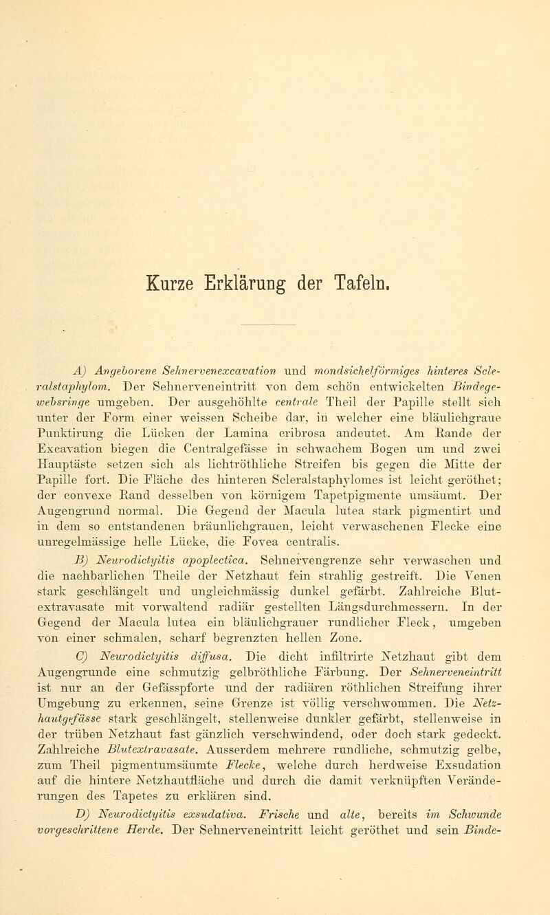 Kurze Erklärung der Tafeln. A) Angeborene Sehnervenexcavation und mondsichelförmiges hinteres Scle- ralstaphylom. Der Sehnerveneintritt von dem schön entwickelten Bindege- ivebsringe umgeben. Der ausgehöhlte centrale Theil der Papille stellt sich unter der Form einer weissen Scheibe dar, in welcher eine bläulichgraue Punktirung die Lücken der Lamina cribrosa andeutet. Am Eande der Excavation biegen die Centralgefässe in schwachem Bogen um und zwei Hauptäste setzen sich als lichtröthliche Streifen bis gegen die Mitte der Papille fort. Die Fläche des hinteren Scleralstaphylonies ist leicht geröthet; der convexe Band desselben von körnigem Tapetpigmente umsäumt. Der Augengrund normal. Die Gegend der Macula lutea stark pigmentirt und in dem so entstandenen bräunlichgrauen, leicht verwaschenen Flecke eine unregelmässige helle Lücke, die Fovea centralis. B) Neurodictyitis apoplectica. Sehnervengrenze sehr verwaschen und die nachbarlichen Theile der Netzhaut fein strahlig gestreift. Die Yenen stark geschlängelt und ungleichmässig dunkel gefärbt. Zahlreiche Blut- extravasate mit vorwaltend radiär gestellten Längsdurchmessern. In der Gegend der Macula lutea ein bläulichgrauer rundlicher Fleck, umgeben von einer schmalen, scharf begrenzten hellen Zone. C) Neurodictyitis diffusa. Die dicht infiltrirte Xetzhaut gibt dem Augengrunde eine schmutzig gelbröthliche Färbung. Der Sehnerveneintritt ist nur an der Gefässpforte imd der radiären röthlichen Streifung ihrer Umgebung zu erkennen, seine Grenze ist völlig verschwommen. Die Netz- hautgefässe stark geschlängelt, stellenweise dunkler gefärbt, stellenweise in der trüben Netzhaut fast gänzlich verschwindend, oder doch stark gedeckt. Zahlreiche Blutextravasate. Ausserdem mehrere rundliche, schmutzig gelbe, zum Theil pigmentumsäumte Flecke, welche durch herdweise Exsudation auf die hintere Netzhautfläche und durch die damit verknüpften Verände- rungen des Tapetes zu erklären sind. D) Neurodictyitis exsudativa. Frische und alte, bereits im Schwunde vorgeschrittene Herde. Der Sehnerveneintritt leicht geröthet und sein Binde-