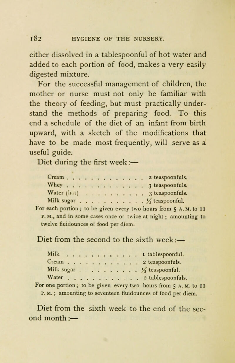 either dissolved in a tablespoonful of hot water and added to each portion of food, makes a very easily digested mixture. For the successful management of children, the mother or nurse must not only be familiar with the theory of feeding, but must practically under- stand the methods of preparing food. To this end a schedule of the diet of an infant from birth upward, with a sketch of the modifications that have to be made most frequently, will serve as a useful guide. Diet during the first week:— Cream 2 teaspoonfuls. Whey ... 3 teaspoonfuls. Water (ht) 3 teaspoonfuls. Milk sugar . 'A teaspoonful. For each portion ; lo lie given every two hours from 5 A. M. to II p. M., and in some cases once or twice at night; amounting to twelve fluidounces of food per diem. Diet from the second to the sixth week:— Milk I tablespoonful. Cream 2 teaspoonfuls. Milk sugar y^ teaspoonful. Water 2 tablespoonfuls. For one portion ; to be given every two hours from 5 A. M. to II P.M.; amounting to seventeen fluidounces of food per diem. Diet from the sixth week to the end of the sec- ond month:—