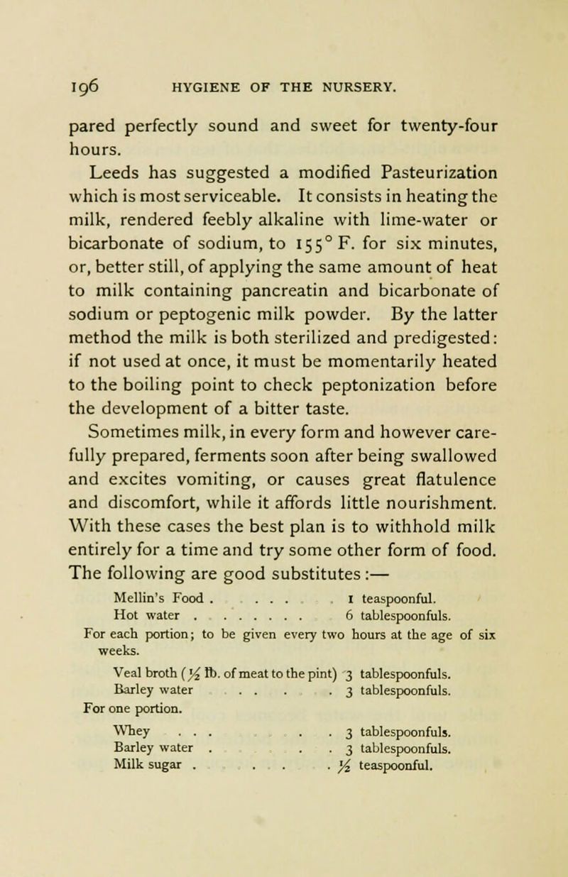 pared perfectly sound and sweet for twenty-four hours. Leeds has suggested a modified Pasteurization which is most serviceable. It consists in heating the milk, rendered feebly alkaline with lime-water or bicarbonate of sodium, to I55°F. for six minutes, or, better still, of applying the same amount of heat to milk containing pancreatin and bicarbonate of sodium or peptogenic milk powder. By the latter method the milk is both sterilized and predigested: if not used at once, it must be momentarily heated to the boiling point to check peptonization before the development of a bitter taste. Sometimes milk, in every form and however care- fully prepared, ferments soon after being swallowed and excites vomiting, or causes great flatulence and discomfort, while it affords little nourishment. With these cases the best plan is to withhold milk entirely for a time and try some other form of food. The following are good substitutes:— Mellin's Food . ... .1 teaspoonful. Hot water 6 tablespoonfuls. For each portion; to be given every two hours at the age of six weeks. Veal broth (}4 B>- of meat to the pint) 3 tablespoonfuls. Barley water . . . .3 tablespoonfuls. For one portion. Whey ... • • 3 tablespoonfuls. Barley water . .... .3 tablespoonfuls. Milk sugar . ... . % teaspoonful.