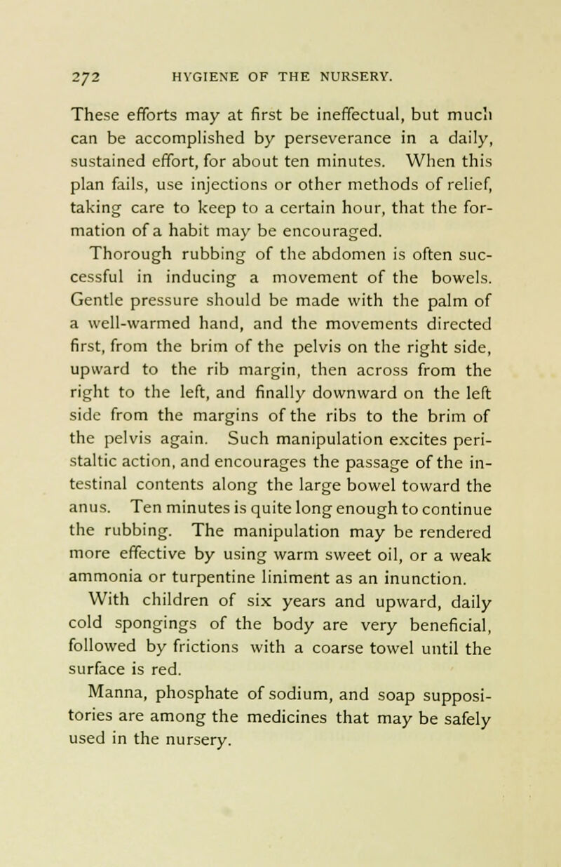These efforts may at first be ineffectual, but much can be accomplished by perseverance in a daily, sustained effort, for about ten minutes. When this plan fails, use injections or other methods of relief, taking care to keep to a certain hour, that the for- mation of a habit may be encouraged. Thorough rubbing of the abdomen is often suc- cessful in inducing a movement of the bowels. Gentle pressure should be made with the palm of a well-warmed hand, and the movements directed first, from the brim of the pelvis on the right side, upward to the rib margin, then across from the right to the left, and finally downward on the left side from the margins of the ribs to the brim of the pelvis again. Such manipulation excites peri- staltic action, and encourages the passage of the in- testinal contents along the large bowel toward the anus. Ten minutes is quite long enough to continue the rubbing. The manipulation may be rendered more effective by using warm sweet oil, or a weak ammonia or turpentine liniment as an inunction. With children of six years and upward, daily cold spongings of the body are very beneficial, followed by frictions with a coarse towel until the surface is red. Manna, phosphate of sodium, and soap supposi- tories are among the medicines that may be safely used in the nursery.