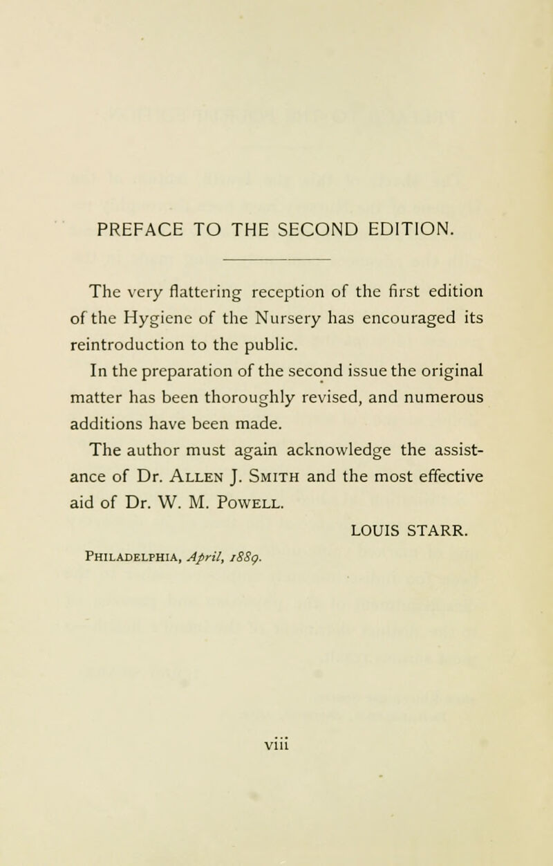 The very flattering reception of the first edition of the Hygiene of the Nursery has encouraged its reintroduction to the public. In the preparation of the second issue the original matter has been thoroughly revised, and numerous additions have been made. The author must again acknowledge the assist- ance of Dr. Allen J. Smith and the most effective aid of Dr. W. M. Powell. LOUIS STARR.