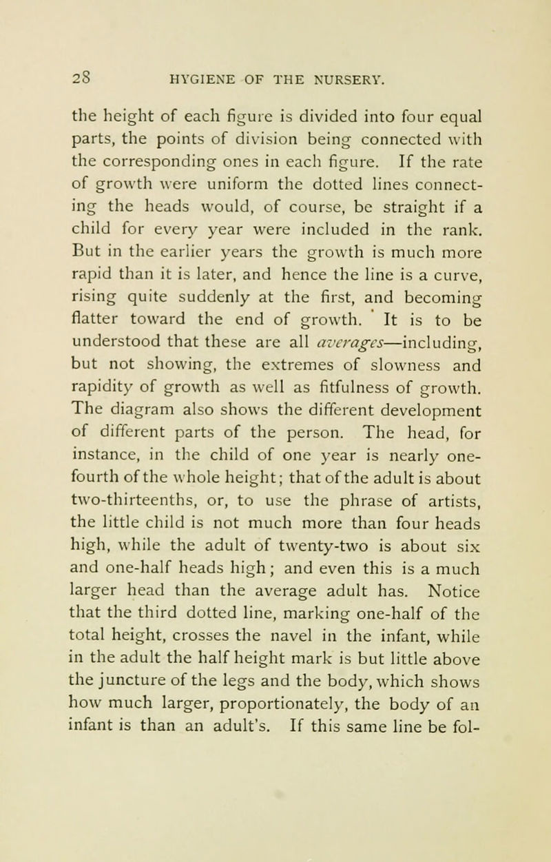 the height of each figure is divided into four equal parts, the points of division being connected with the corresponding ones in each figure. If the rate of growth were uniform the dotted lines connect- ing the heads would, of course, be straight if a child for every year were included in the rank. But in the earlier years the growth is much more rapid than it is later, and hence the line is a curve, rising quite suddenly at the first, and becoming flatter toward the end of growth. It is to be understood that these are all averages—including, but not showing, the extremes of slowness and rapidity of growth as well as fitfulness of growth. The diagram also shows the different development of different parts of the person. The head, for instance, in the child of one year is nearly one- fourth of the whole height; that of the adult is about two-thirteenths, or, to use the phrase of artists, the little child is not much more than four heads high, while the adult of twenty-two is about six and one-half heads high; and even this is a much larger head than the average adult has. Notice that the third dotted line, marking one-half of the total height, crosses the navel in the infant, while in the adult the half height mark is but little above the juncture of the legs and the body, which shows how much larger, proportionately, the body of an infant is than an adult's. If this same line be fol-