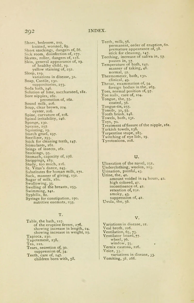 Shoe^, bedroom, 102. knitted, worsted, 89. Short stockings, dangers of, 86. Sick room, disinfection of, 277. Skates, roller, dangers of, 118. Skin, general appearance of, 19. of healthy child, 19. yellow staining of, 252. Sleep, 119. variations in disease, 32. Soap, Castile, 130. suppositories, 273. Soda bath, 146. Solution of lime, saccharated, 181. Sore nipples, 162. prevention of, 162. Sound milk, 206. Soup, clear brown, 224. oyster, 226. Spine, curvature of, 108. Spinal irritability, 246. Sponge, 130. Sprains, 257. Squinting, 19. Starch gruel, 197. Sterilizer, 193. Slick for cleaning teeth, 147. Stimulants, 161. Stings of insects, 261. Stockings, 95. Stomach, capacity of, 178. Strippings, 187. Study, too much, 116. St. Vitus's dance, 245. Substitutes for human milk, 171. Suck, manner of giving, 152. Sugar of milk, 180. Swallowing, 35. Swelling of the breasts, 253. Swimming, 141. Syphilis, 82. Syringe for constipation, 270. nutritive enemata, 235. T. Table, the bath, 127. of the eruptive fevers, 276. showing increase in length, 24. showing increase in weight, 25. Tapioca, 230. Tapotement, 238. Tea, 212. Tears, secretion of, 30. suppression of, 34. Teeth, care of, 147. children born with, 58. Teeth, milk, 56. permanent, order of eruption, 60. premature appearance of, 58. stick for cleaning, J47. Teething, increase of saliva in, 57. pauses in, 57. Temperature of bath, 142. manner of taking, 48. normal, 52. Thermometer, bath, 130. clinical, 49. Throat, examination of, 54. foreign bodies in the, 263. Toes, normal position of, 97. Toe nails, care of, 104. Tongue, the, 55. coated, 56. Tongue-tie, 255. Tonsils, 32, 55. Tooth brush, 148. Towels, bath, 131. Toys, 70. Treatment of fissure of the nipple, 161. Turkish towels, 138. Turpentine stupe, 285. Twitching of eye lids, 19. Tyrotoxicon, 208. U. Ulceration of the navel, 251. Underclothing, woolen, 103. Urination, painful, 43. Urine, the, 41. amount voided in 24 hours, 42 high colored, 42. incontinence of, 42. retention of, 252. smoky, 43. suppression of, 42. Uvula, the, 56. V. Variations in disease, 21. Veal broth, 226. Ventilation, 65, 73. Ventilator board, 77. wheel, 76. window, 75, Vernix caseosa, 126. Voice, 33. variations in disease, 33. Vomiting, 38, 266.