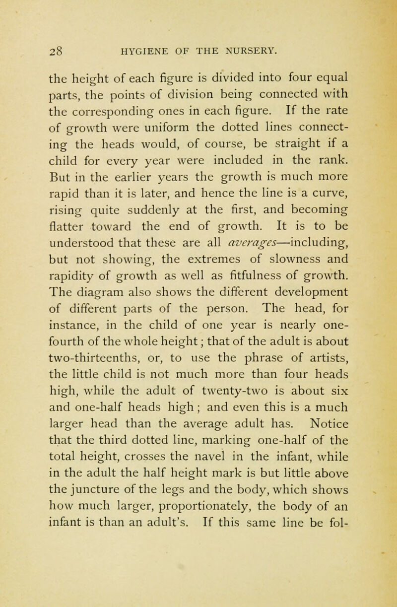 the height of each figure is divided into four equal parts, the points of division being connected with the corresponding ones in each figure. If the rate of growth were uniform the dotted lines connect- ing the heads would, of course, be straight if a child for every year were included in the rank. But in the earlier years the growth is much more rapid than it is later, and hence the line is a curve, rising quite suddenly at the first, and becoming flatter toward the end of growth. It is to be understood that these are all averages—including, but not showing, the extremes of slowness and rapidity of growth as well as fitfulness of growth. The diagram also shows the different development of different parts of the person. The head, for instance, in the child of one year is nearly one- fourth of the whole height; that of the adult is about two-thirteenths, or, to use the phrase of artists, the little child is not much more than four heads high, while the adult of twenty-two is about six and one-half heads high ; and even this is a much larger head than the average adult has. Notice that the third dotted line, marking one-half of the total height, crosses the navel in the infant, while in the adult the half height mark is but little above the juncture of the legs and the body, which shows how much larger, proportionately, the body of an infant is than an adult's. If this same line be fol-